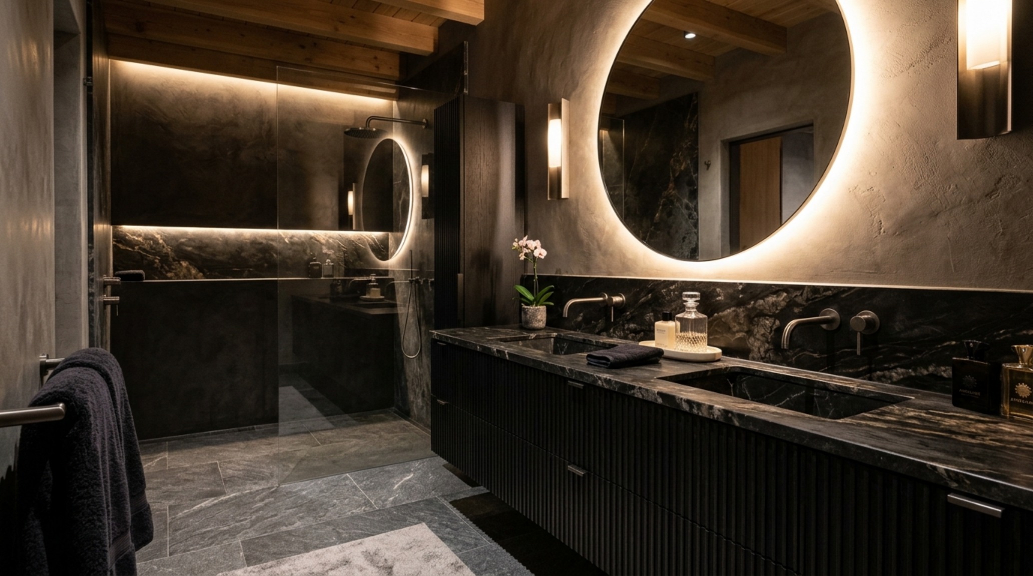 A master bathroom sanctuary featuring blackened wood vanities, honed Nero Marquina marble, and high CRI 90+ architectural lighting for a luxurious industrial feel. A master bathroom sanctuary featuring blackened wood vanities, honed Nero Marquina marble, and high CRI 90+ architectural lighting for a luxurious industrial feel.