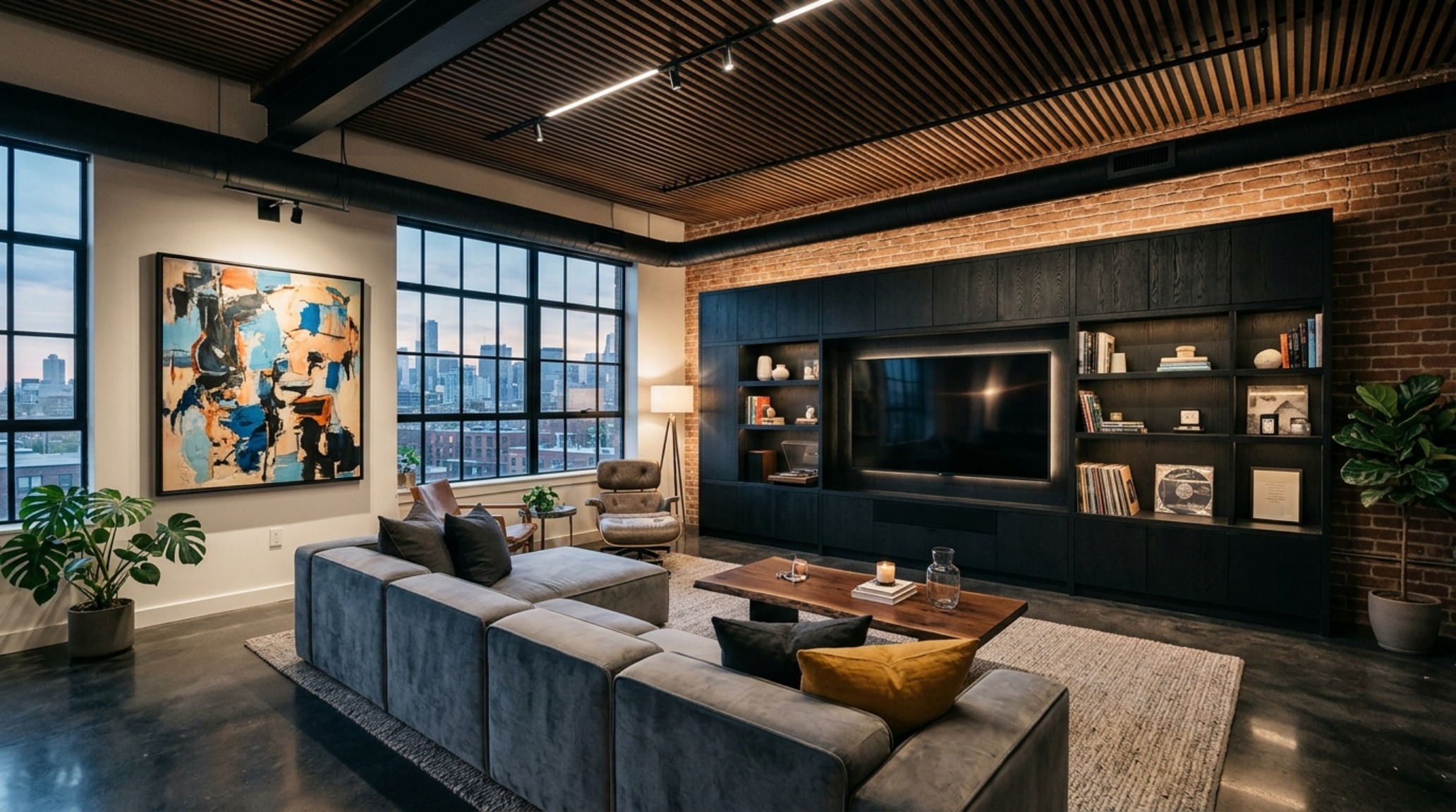 A vertical perspective of a high-ceiling loft showing the rhythmic pattern of fluted black wood wall panels meeting a polished concrete floor with industrial steel windows. A vertical perspective of a high-ceiling loft showing the rhythmic pattern of fluted black wood wall panels meeting a polished concrete floor with industrial steel windows.