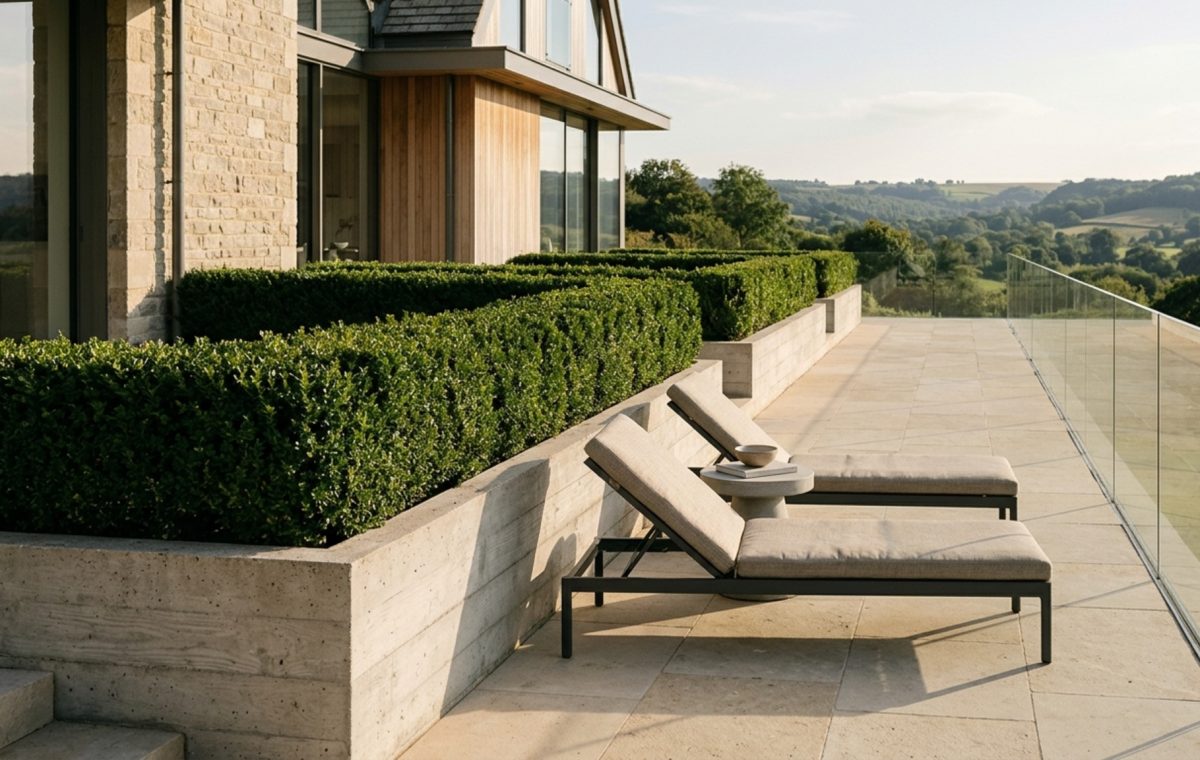 modern garden decoration ideas featuring a minimalist limestone terrace with integrated concrete planters and structural Buxus hedging