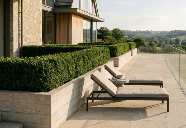 modern garden decoration ideas featuring a minimalist limestone terrace with integrated concrete planters and structural Buxus hedging