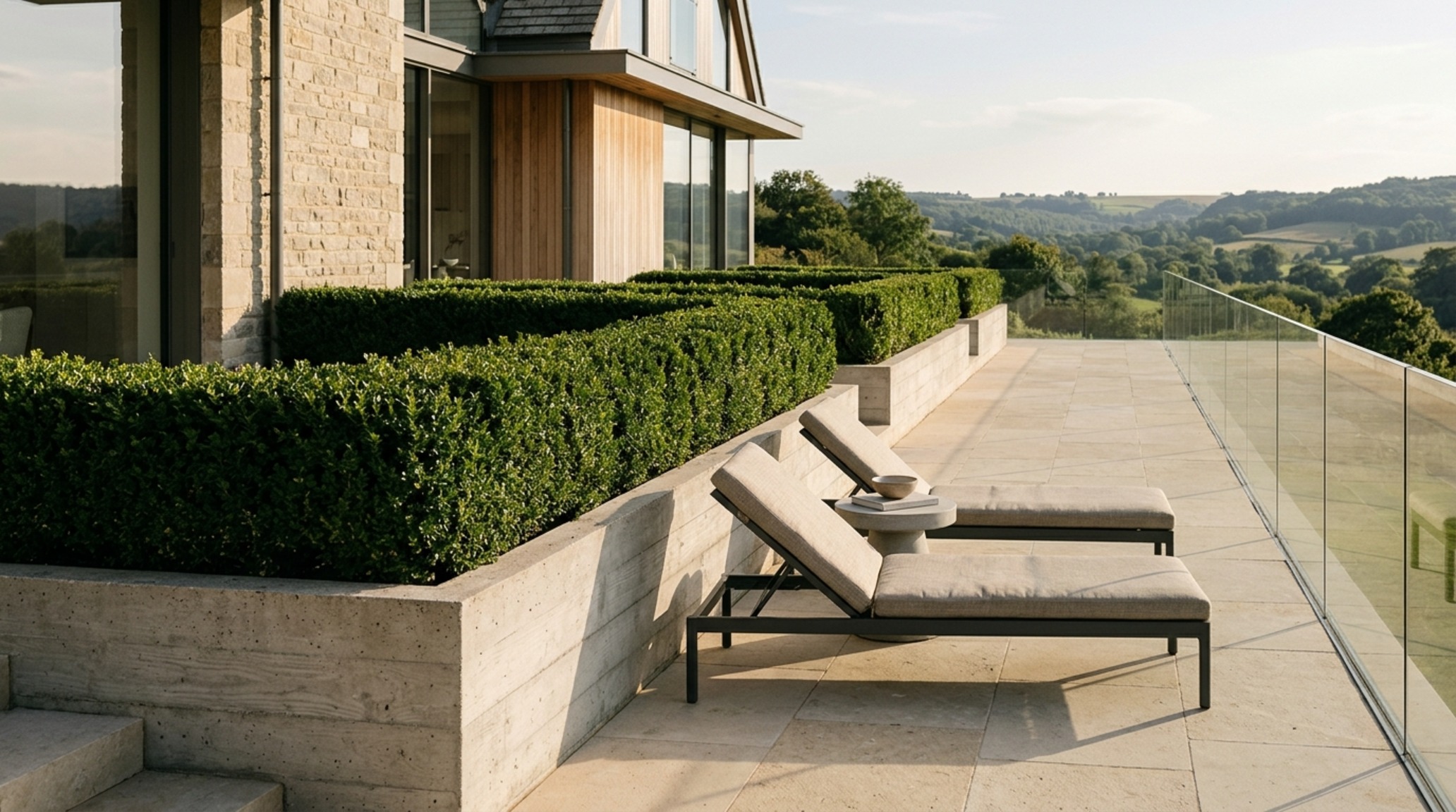 modern garden decoration ideas featuring a minimalist limestone terrace with integrated concrete planters and structural Buxus hedging modern garden decoration ideas featuring a minimalist limestone terrace with integrated concrete planters and structural Buxus hedging