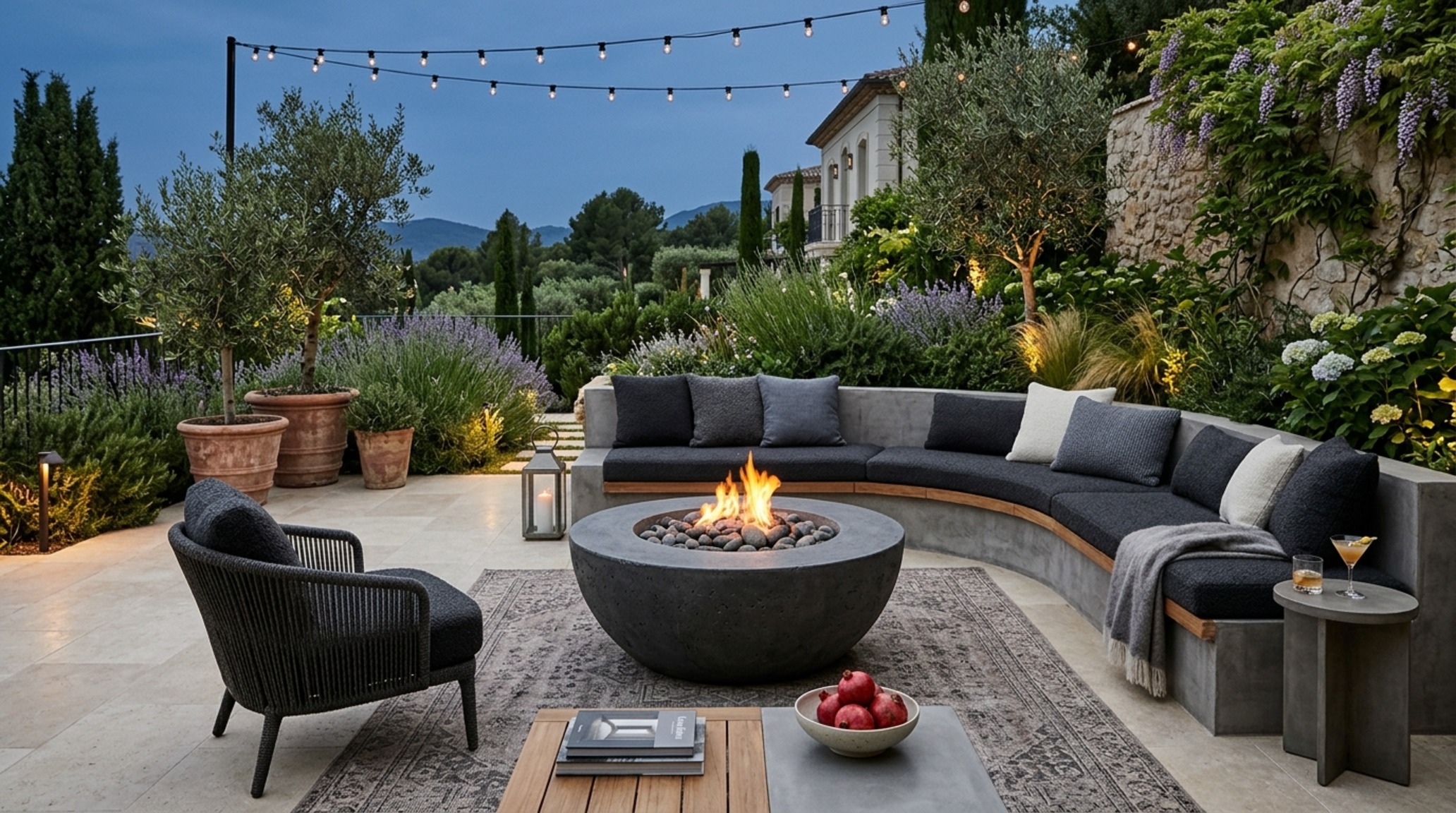 luxury garden decoration ideas textures showcasing a custom-cast concrete fire table with deep charcoal linen outdoor cushions luxury garden decoration ideas textures showcasing a custom-cast concrete fire table with deep charcoal linen outdoor cushions