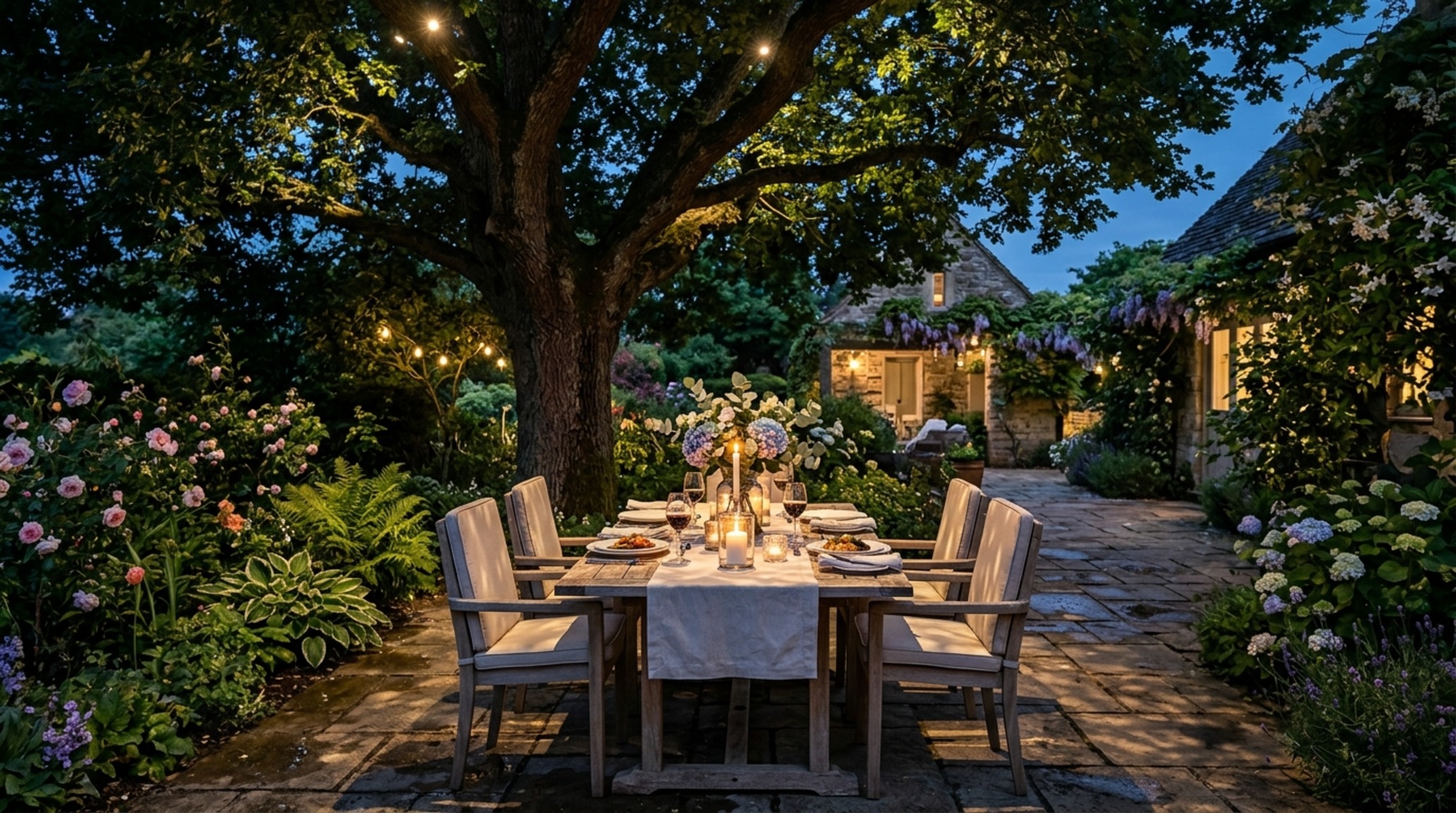 garden decoration ideas lighting guide featuring 'moonlighting' effects through an oak canopy onto a travertine dining area garden decoration ideas lighting guide featuring 'moonlighting' effects through an oak canopy onto a travertine dining area
