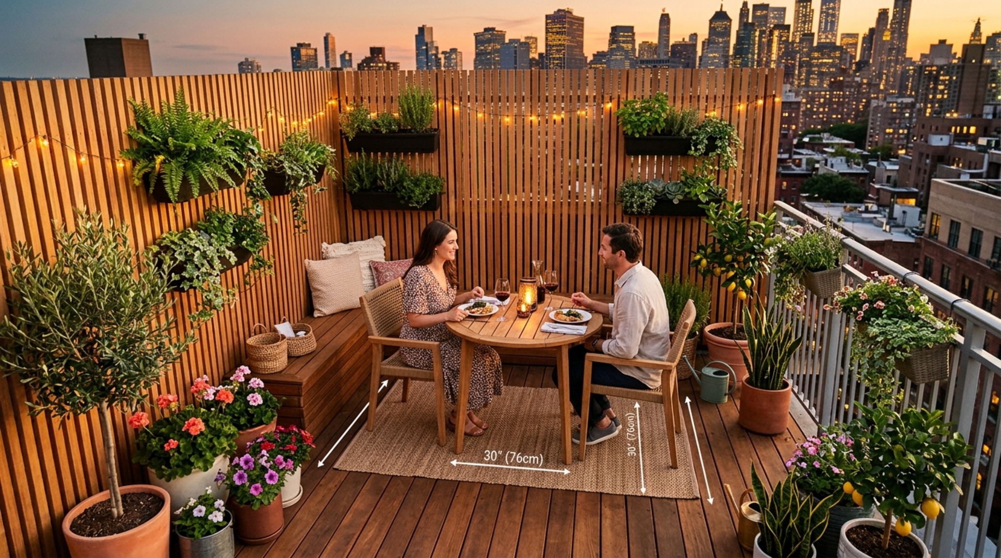 small space garden decoration ideas on an urban terrace utilizing vertical cedar slat screens and a 30-inch clearance for teak dining chairs small space garden decoration ideas on an urban terrace utilizing vertical cedar slat screens and a 30-inch clearance for teak dining chairs