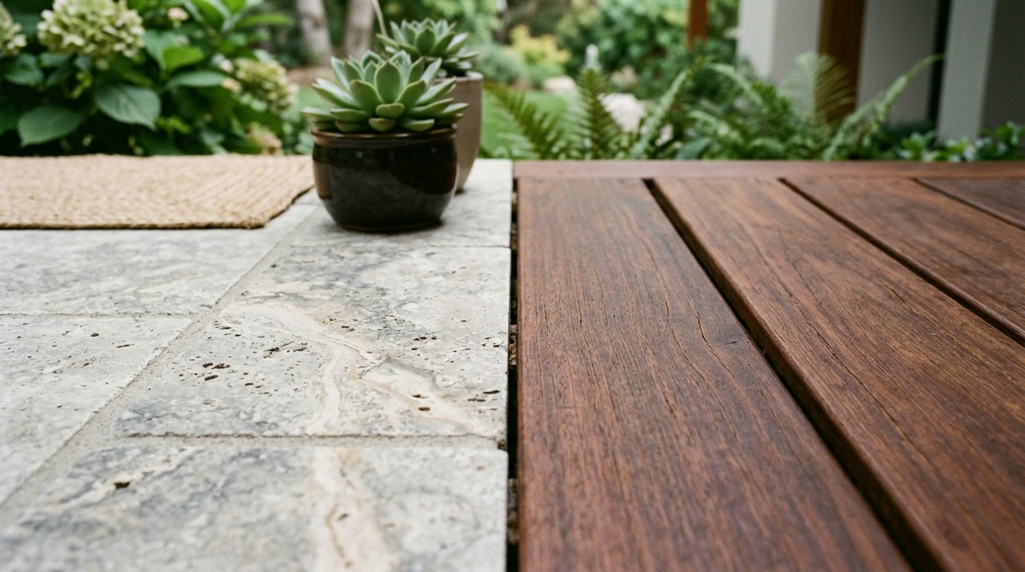 luxury garden decoration ideas textures showing the contrast between honed silver travertine pavers and a dark Ipe wood deck with matte black accents luxury garden decoration ideas textures showing the contrast between honed silver travertine pavers and a dark Ipe wood deck with matte black accents
