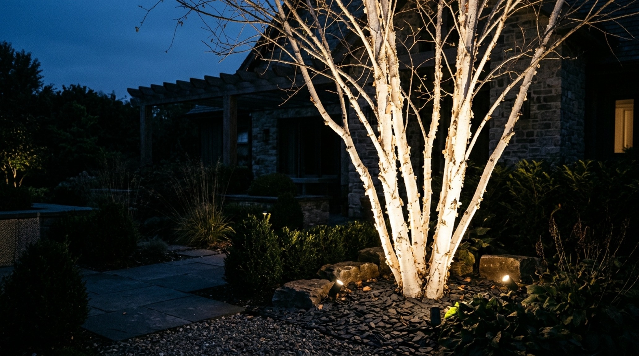 garden decoration ideas lighting guide demonstrating 2700K warm LED uplighting on a multi-stem birch tree for a cinematic evening atmosphere garden decoration ideas lighting guide demonstrating 2700K warm LED uplighting on a multi-stem birch tree for a cinematic evening atmosphere