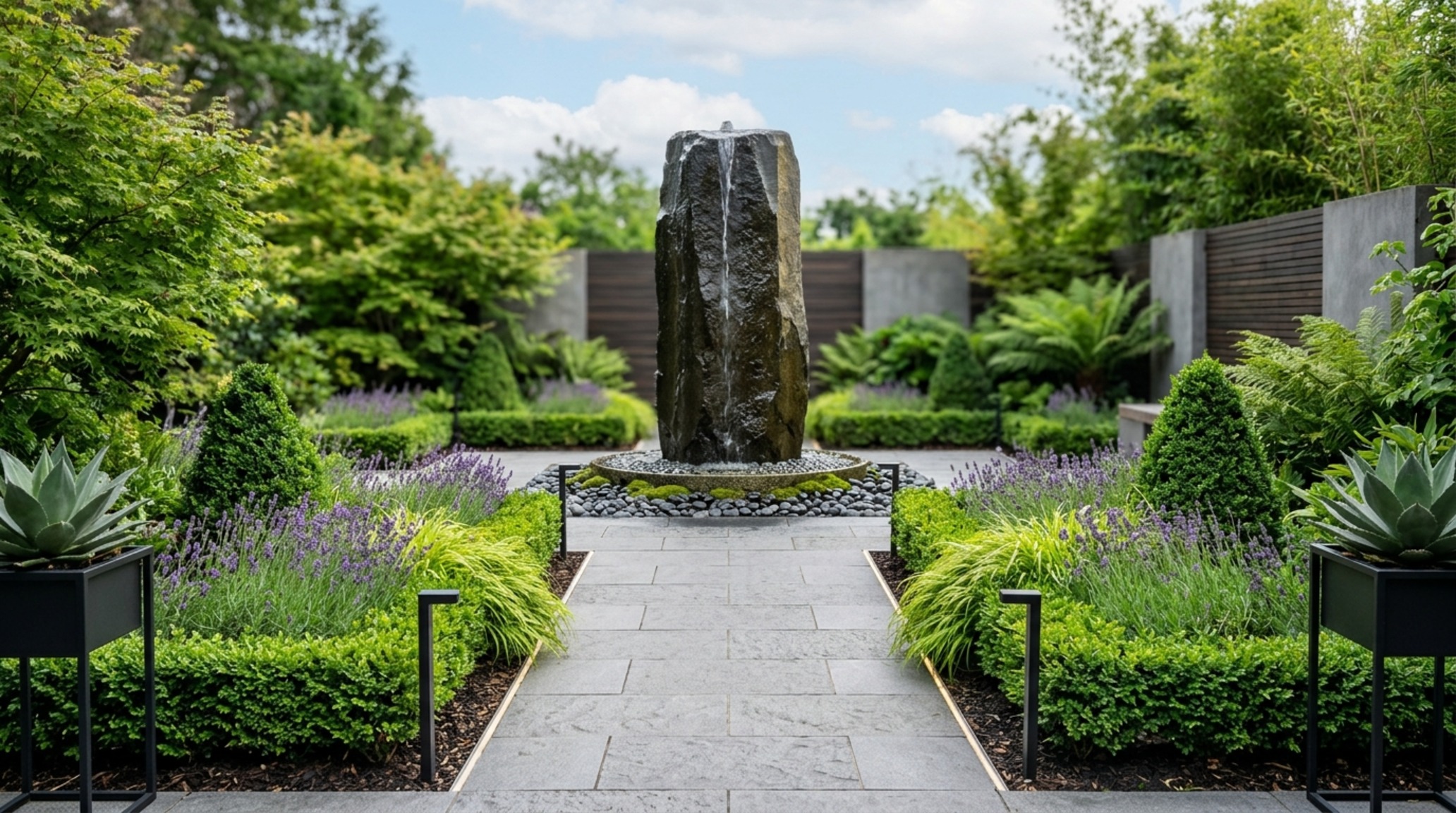 modern garden decoration ideas with a monolithic basalt water feature positioned at the end of a primary architectural sightline modern garden decoration ideas with a monolithic basalt water feature positioned at the end of a primary architectural sightline