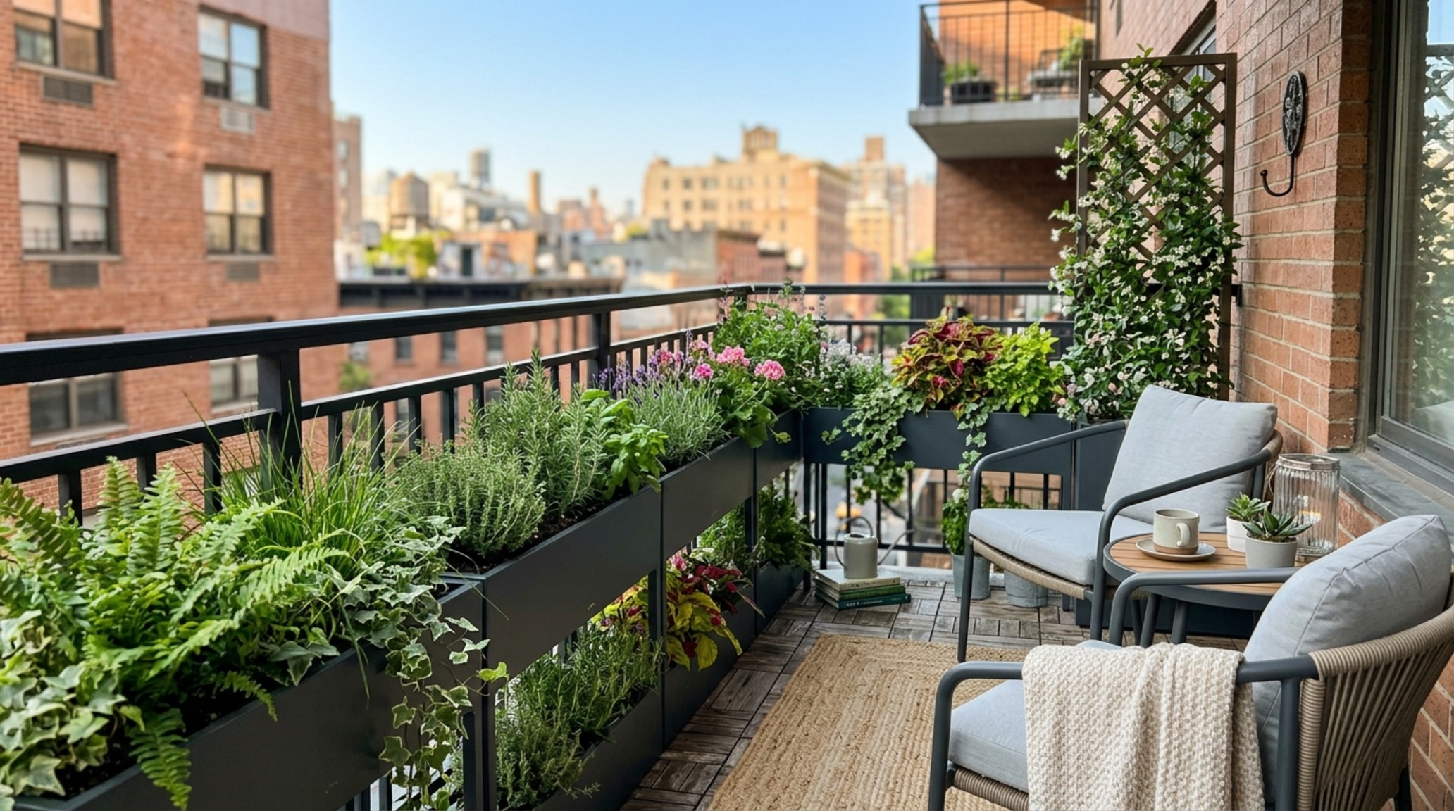 small space garden decoration ideas for a balcony featuring custom powder-coated herb troughs and space-saving ergonomic lounge furniture small space garden decoration ideas for a balcony featuring custom powder-coated herb troughs and space-saving ergonomic lounge furniture