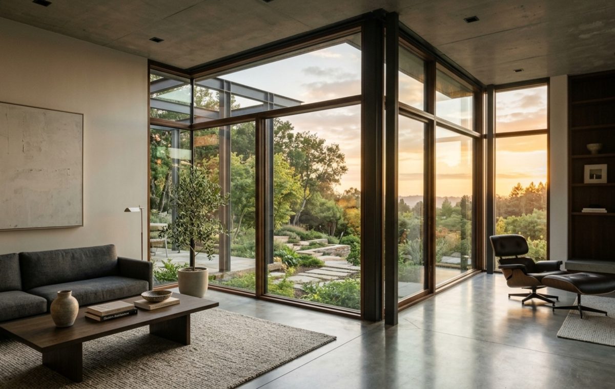 glass curtain walls extending floor-to-ceiling in a modernist living room with 2700K ambient lighting and panoramic forest views
