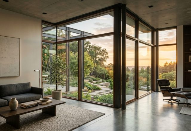 glass curtain walls extending floor-to-ceiling in a modernist living room with 2700K ambient lighting and panoramic forest views