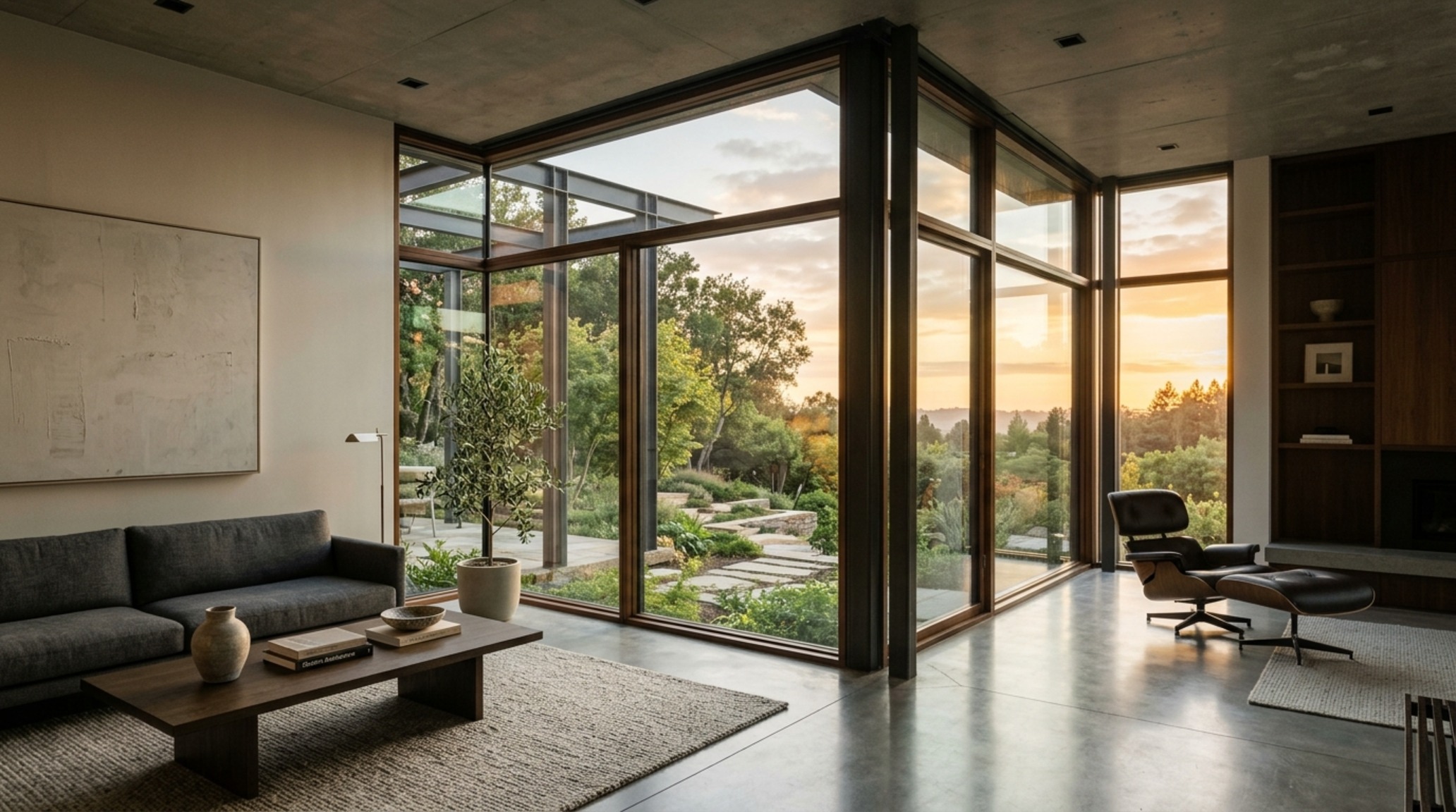 glass curtain walls extending floor-to-ceiling in a modernist living room with 2700K ambient lighting and panoramic forest views glass curtain walls extending floor-to-ceiling in a modernist living room with 2700K ambient lighting and panoramic forest views