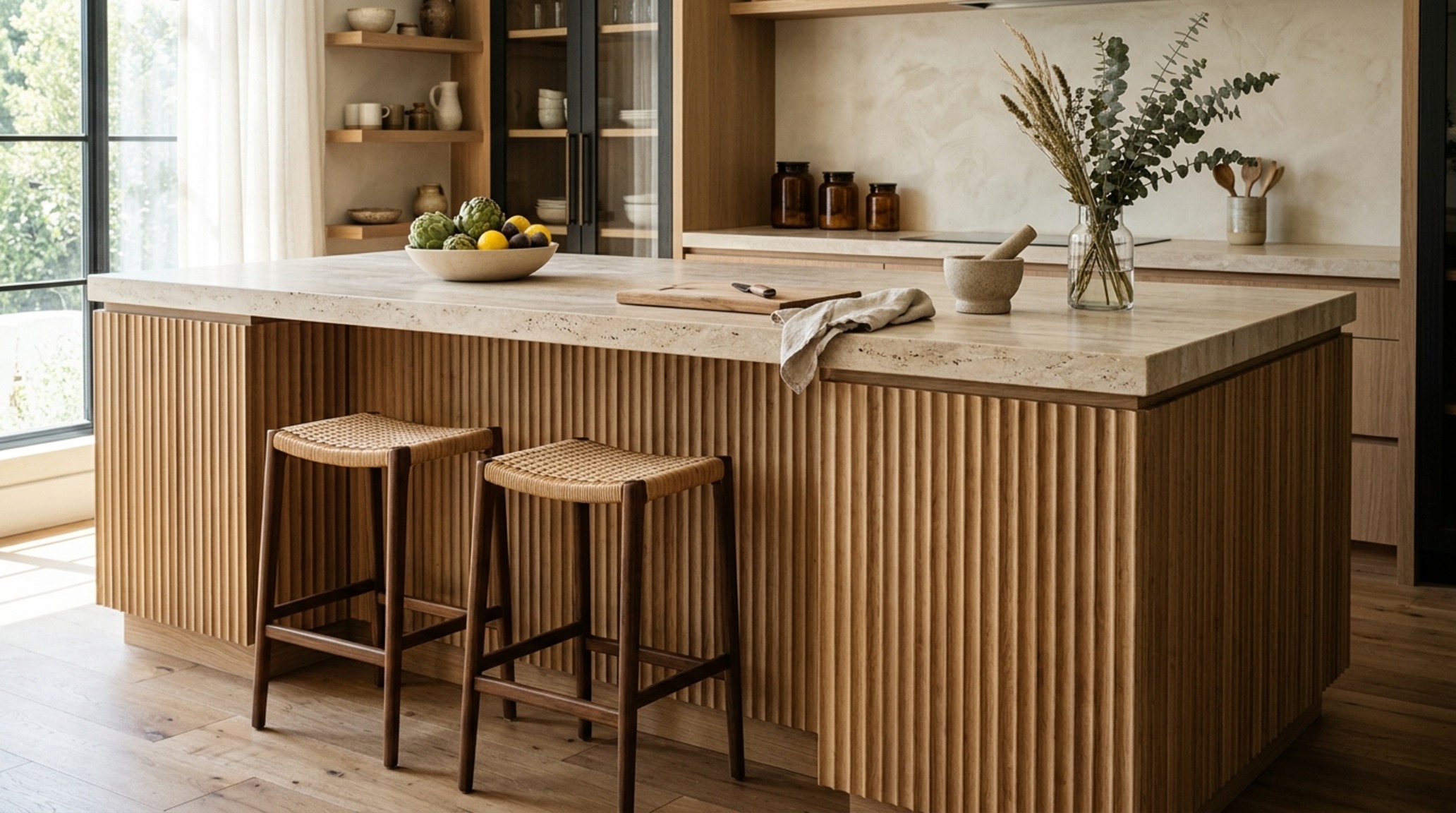 organic modernism reflected in a fluted white oak kitchen island with a honed travertine countertop and minimalist black fixtures organic modernism reflected in a fluted white oak kitchen island with a honed travertine countertop and minimalist black fixtures