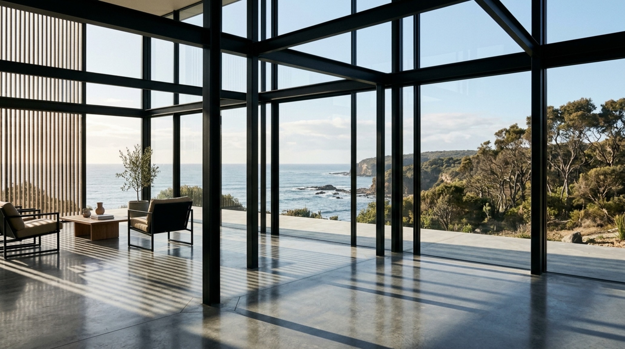 minimalist structural design showcased through exposed slim steel columns and a floating fireplace anchor in a high-ceiling volume minimalist structural design showcased through exposed slim steel columns and a floating fireplace anchor in a high-ceiling volume