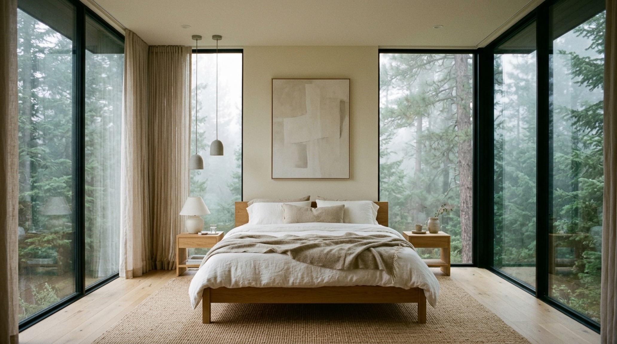 glass curtain walls in a master bedroom framing a private courtyard with shadow play on neutral linen drapery glass curtain walls in a master bedroom framing a private courtyard with shadow play on neutral linen drapery