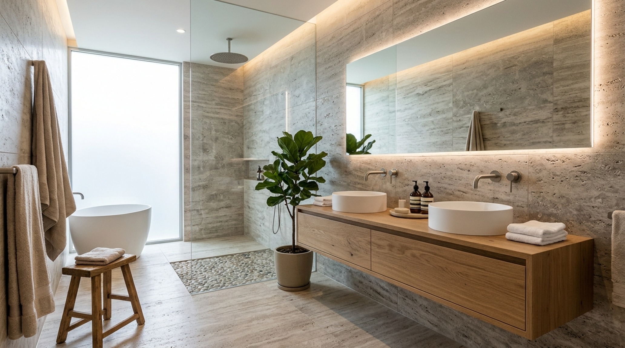 organic modernism bathroom with a floating vanity in rift-sawn oak and a seamless walk-in shower with slate charcoal tiles organic modernism bathroom with a floating vanity in rift-sawn oak and a seamless walk-in shower with slate charcoal tiles