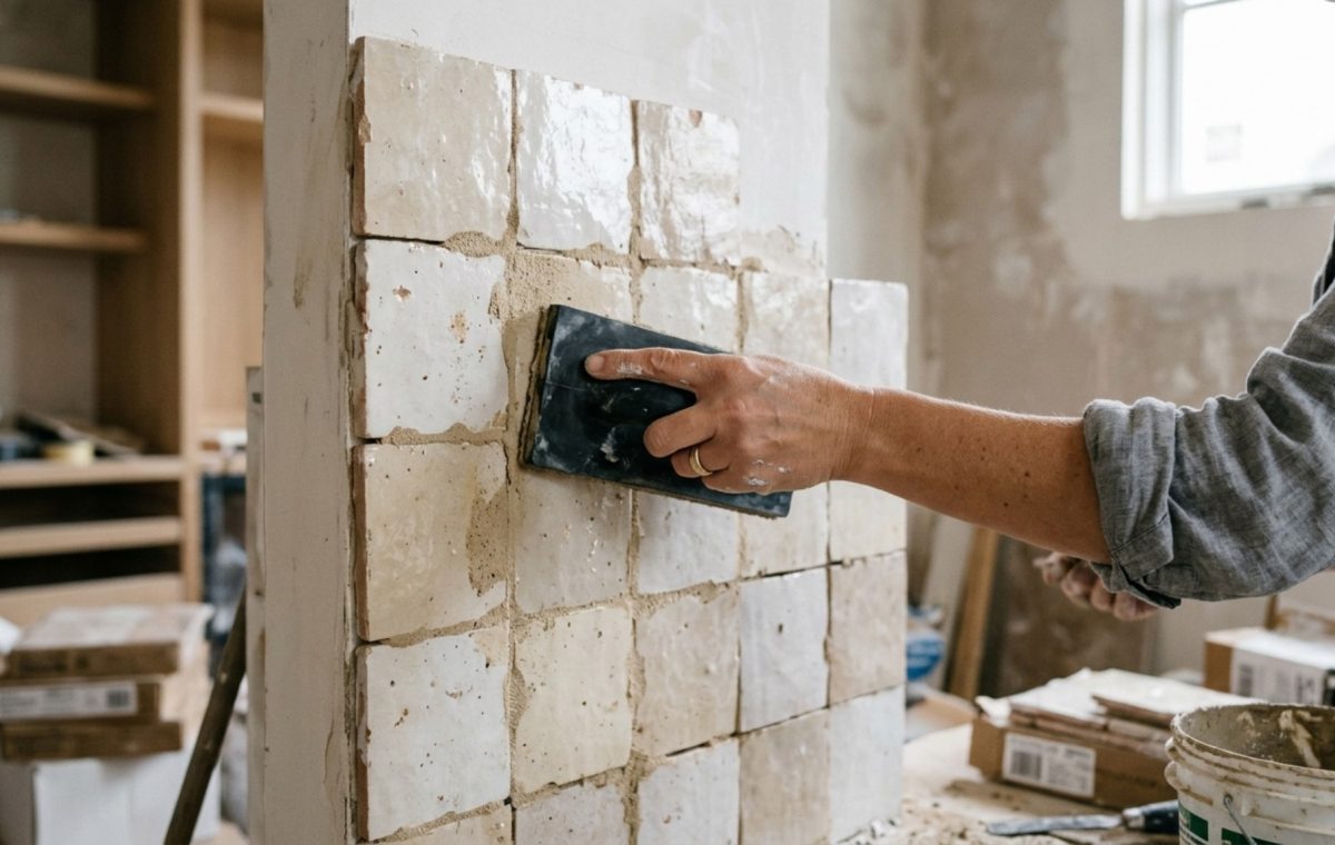 A professional contractor applying grout to handmade zellige tiles using a rubber float, demonstrating how to grout tile decor ideas for a textured, organic finish.