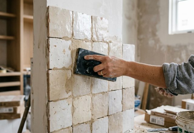 A professional contractor applying grout to handmade zellige tiles using a rubber float, demonstrating how to grout tile decor ideas for a textured, organic finish.