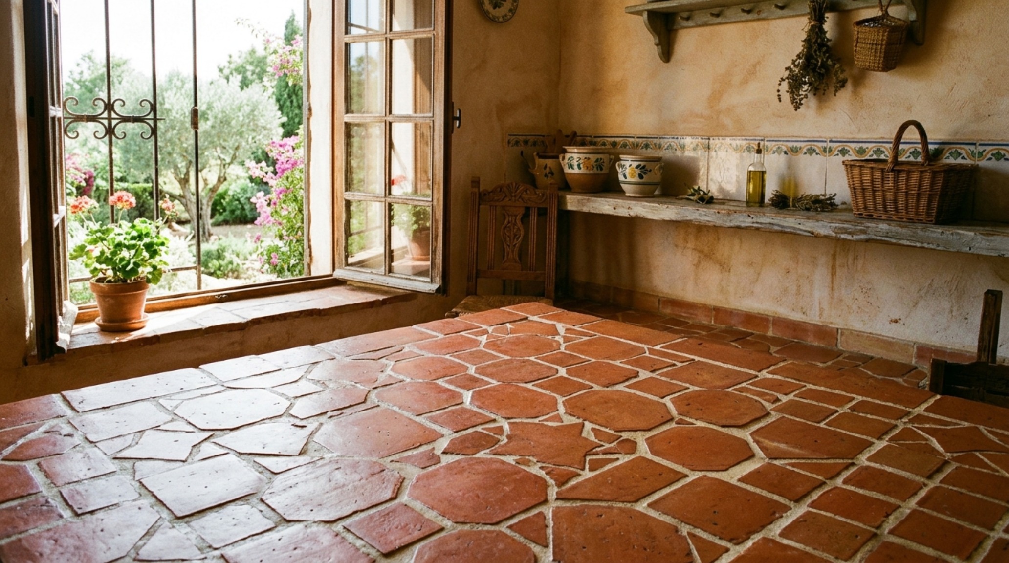 Zellige tile grouting techniques Pinterest style, featuring a soft clay-toned grout that highlights the irregular, handcrafted edges of the ceramic.