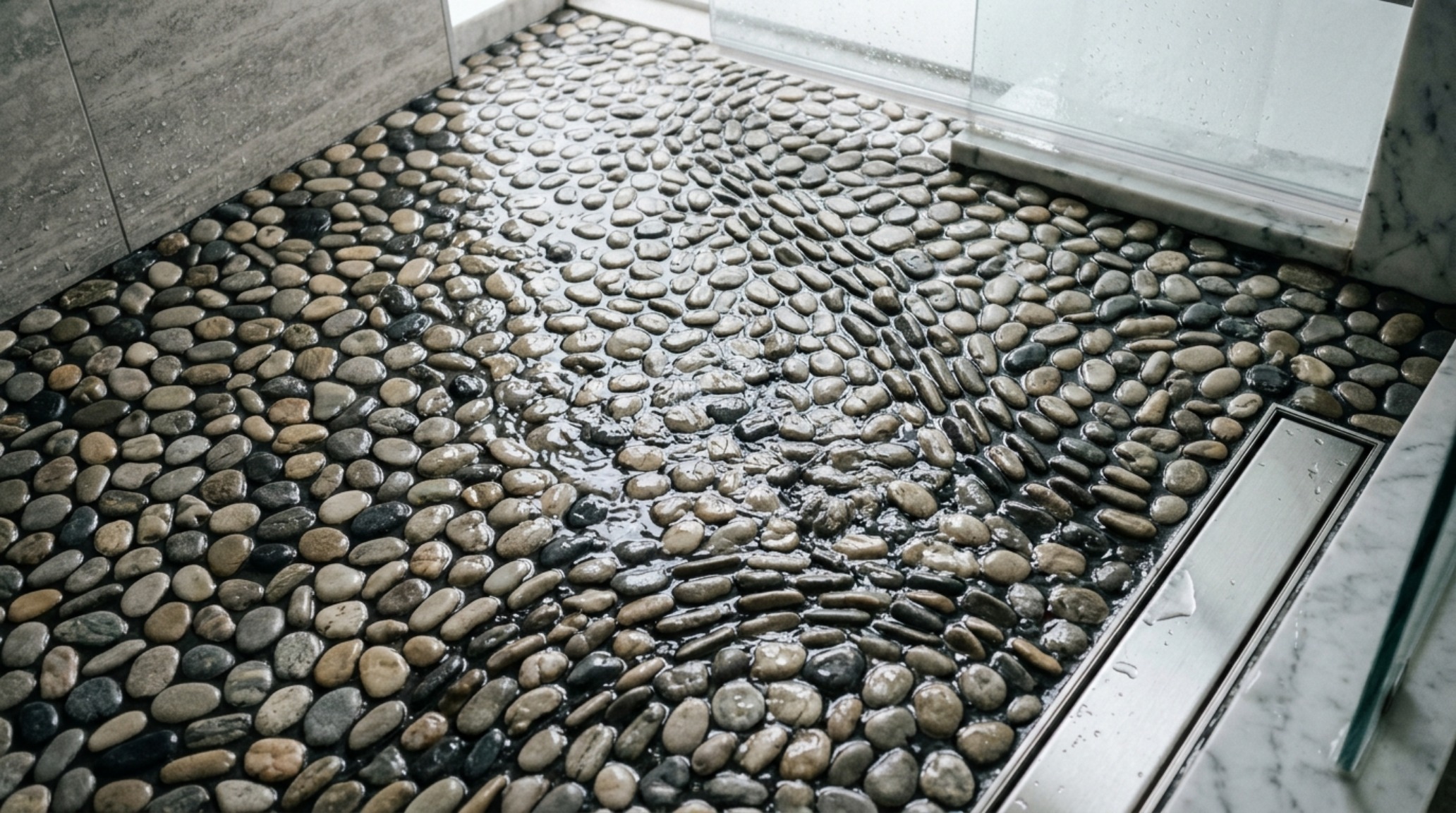 Top-down view of a walk-in shower with linear floor drains and perfectly symmetrical grout geometry in a bathroom tile renovation.