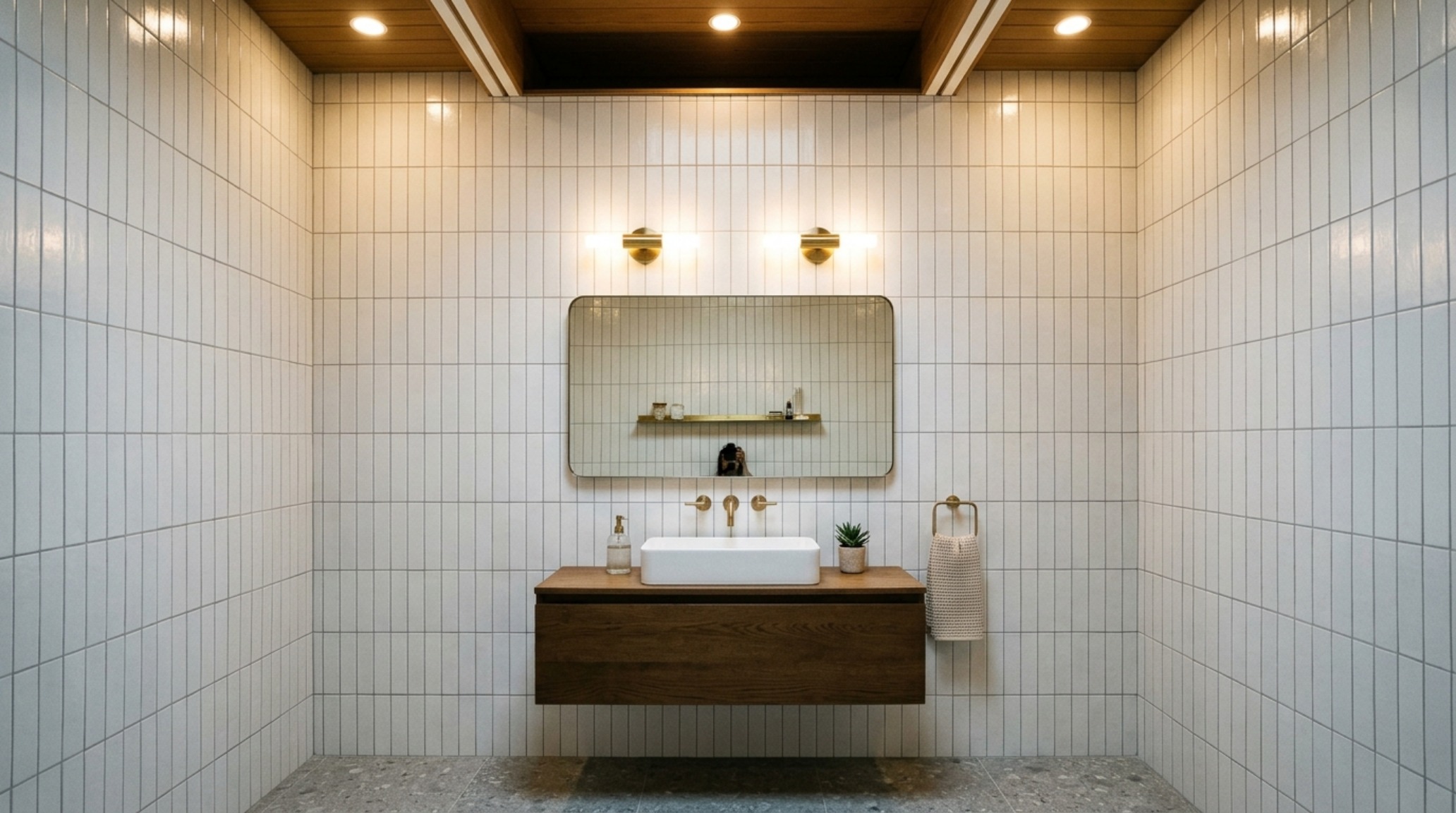 Vertical stacked white subway tiles with subtle grey grout, creating an architectural lift in a bathroom with 36-inch walkway clearances.