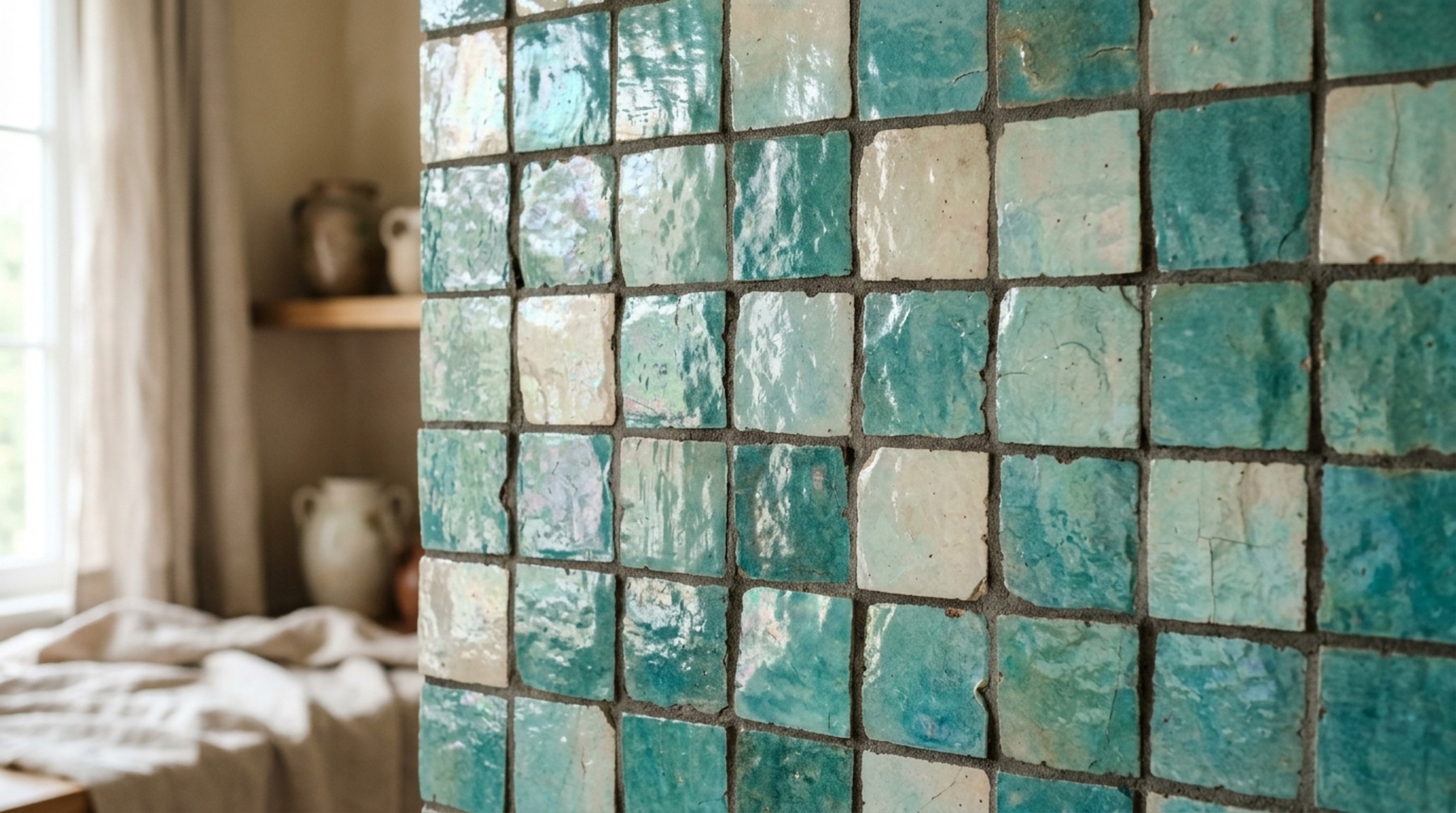 Hand-pressed zellige wall tiles showing the rhythmic beauty of grout color palette variations under soft 2700K warm ambient lighting.