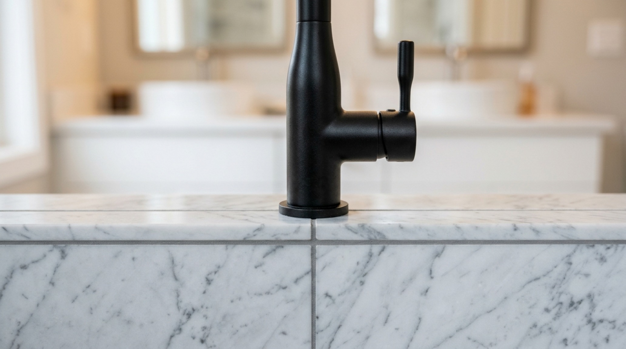 Detailed sightline alignment of grout lines with a minimalist matte black faucet and marble vanity in a professionally designed bathroom.