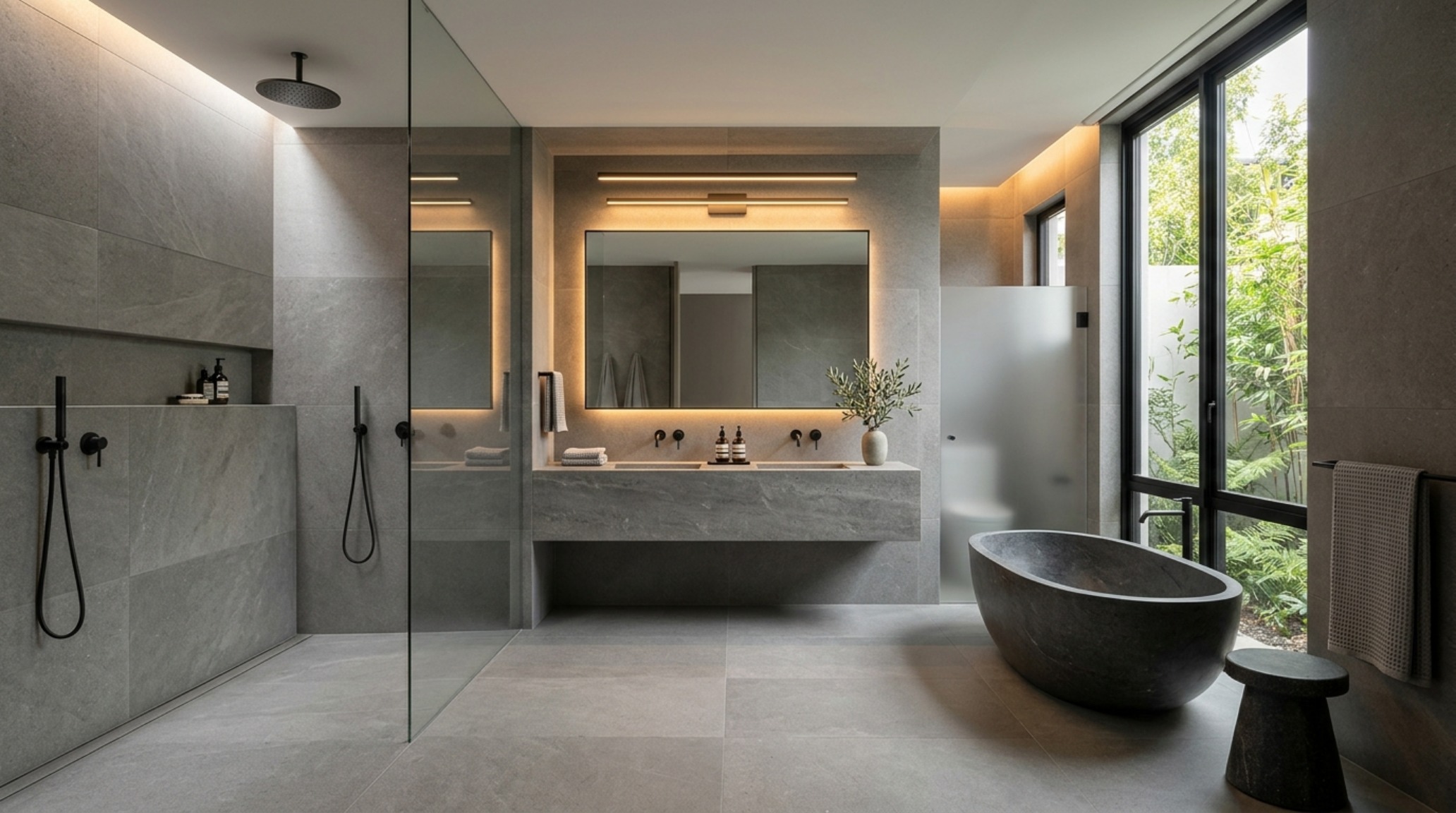 Luxury master bathroom with large format porcelain slabs and near-invisible epoxy grout for a seamless, monolithic interior tile design.