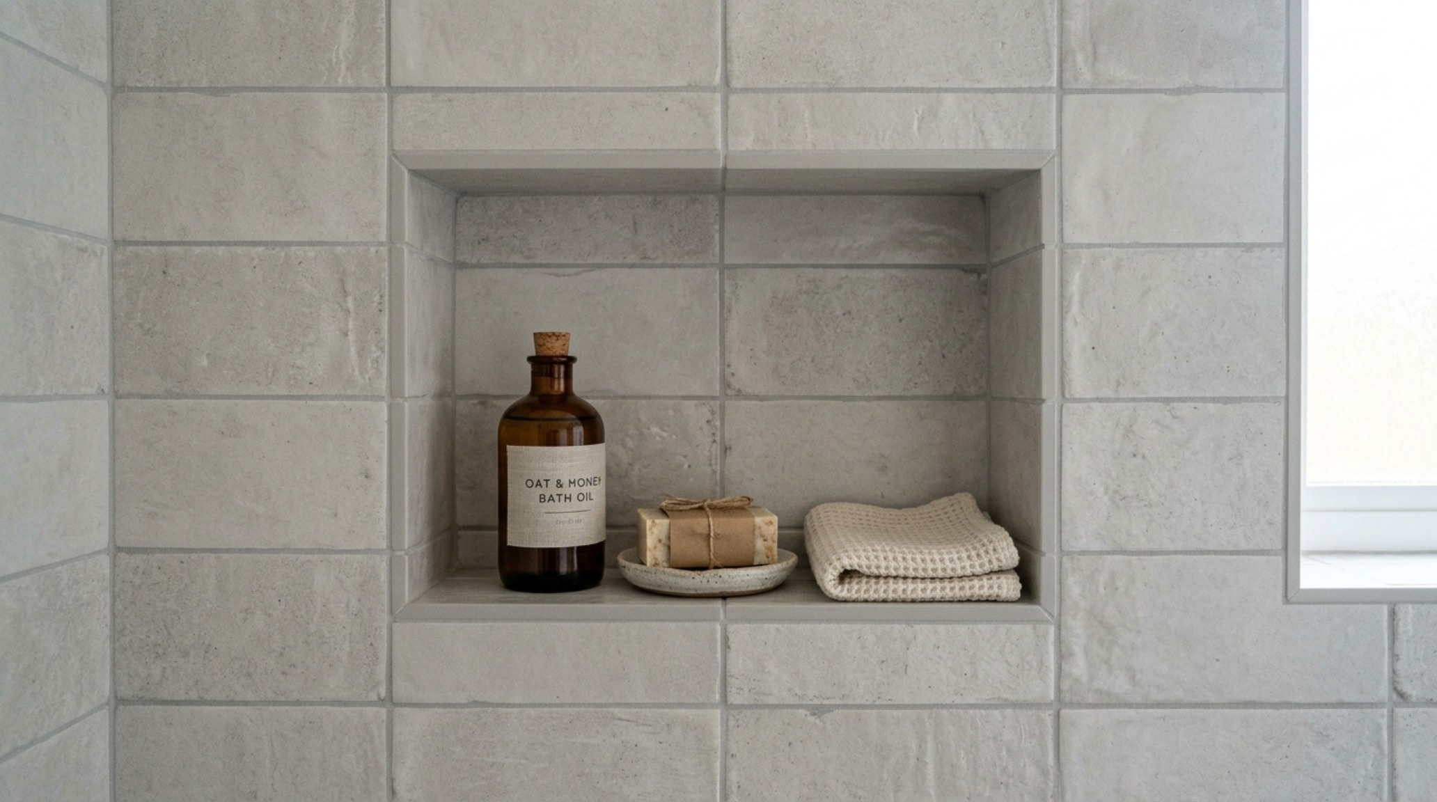 Architectural detail of a shower niche where grout lines perfectly intersect with a mitered tile edge and diffused LED lighting.