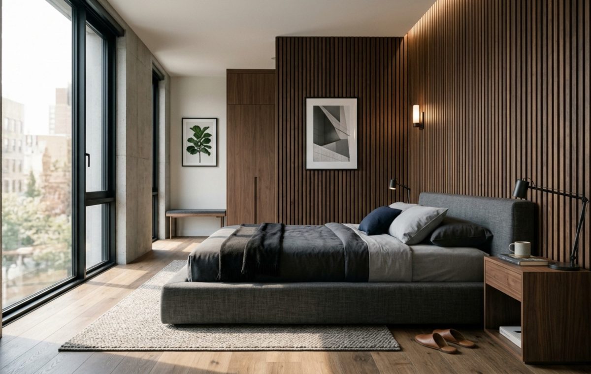 modern guys bedroom ideas ideas showcasing a low-profile platform bed in charcoal wool against a vertical walnut slat wall with warm 2700K recessed lighting.