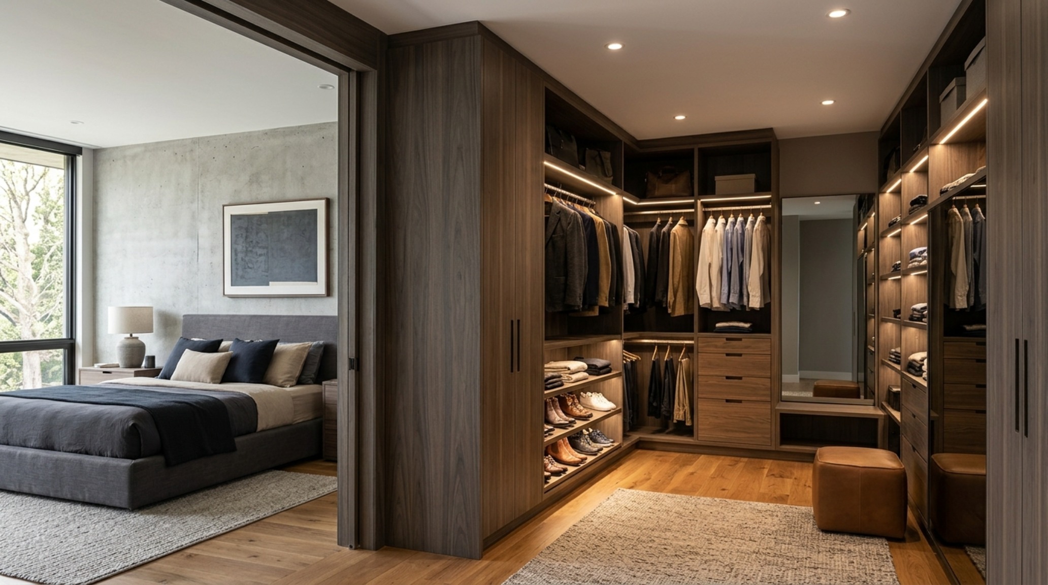 modern guys bedroom ideas ideas depicting a clean-lined dressing area with custom smoked eucalyptus cabinetry and integrated LED strip lighting.
