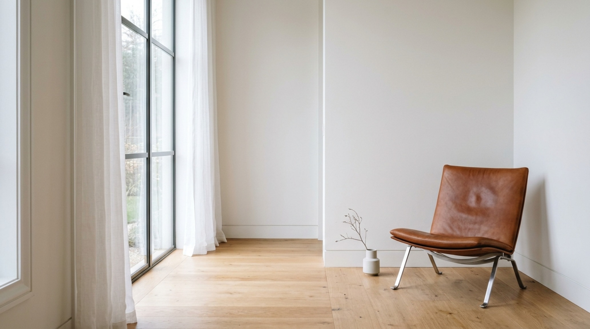 small space guys bedroom ideas showing a clever use of negative space with a single sculptural chair placed strategically at the terminus of a 36-inch walkway.