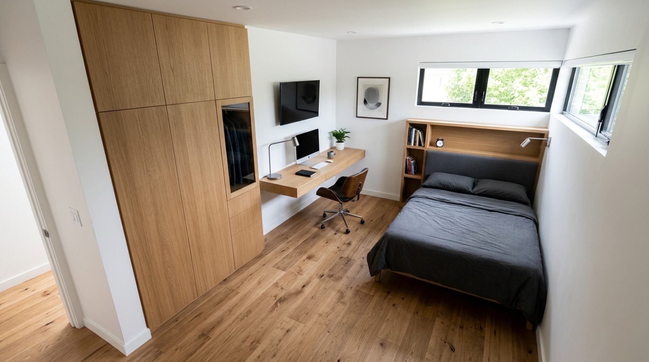 small space guys bedroom ideas featuring a floating oak desk and integrated floor-to-ceiling white oak wardrobes to maximize circulation and floor plane visibility.