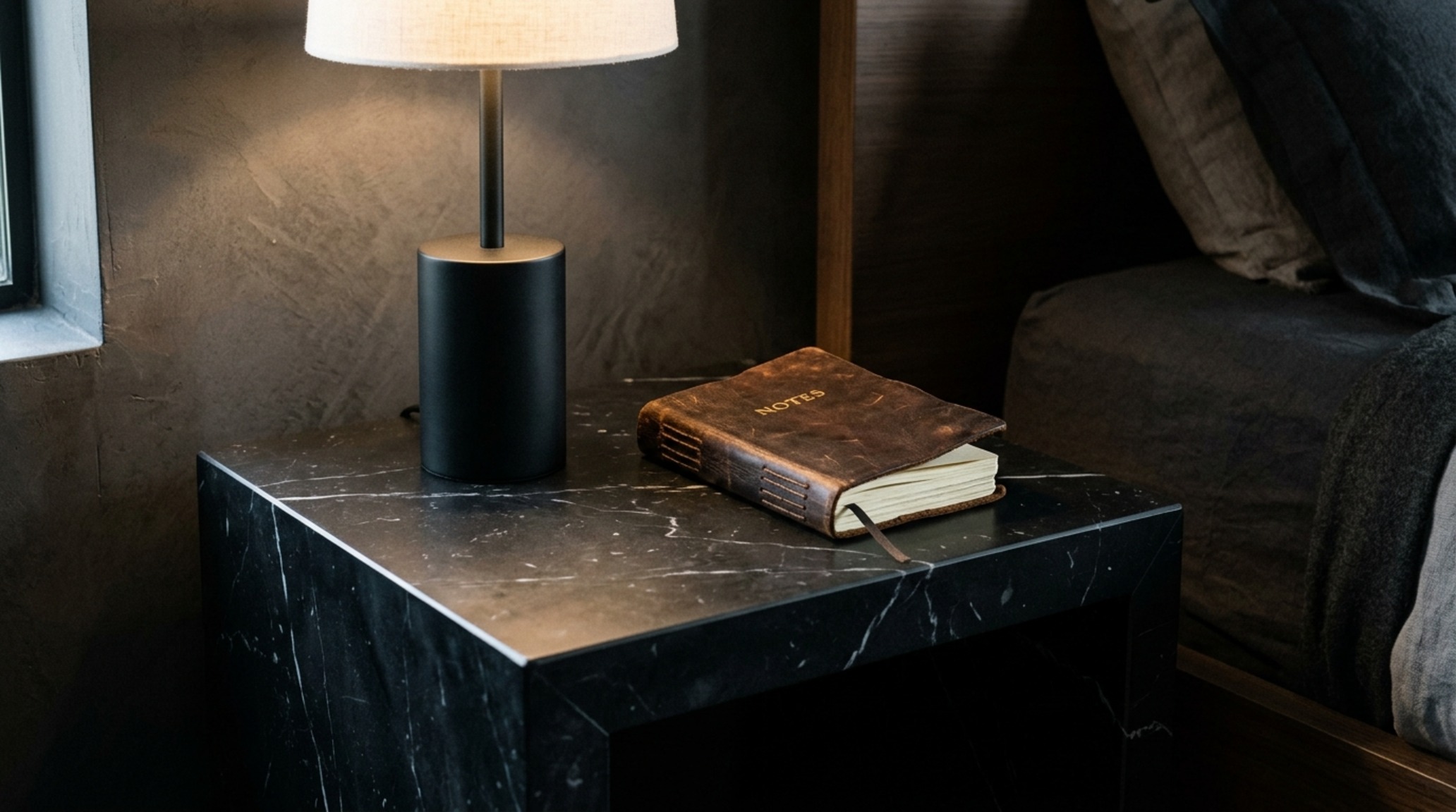 luxury guys bedroom ideas textures highlighting a honed Nero Marquina marble nightstand topped with a matte black architectural lamp and a stack of design journals.
