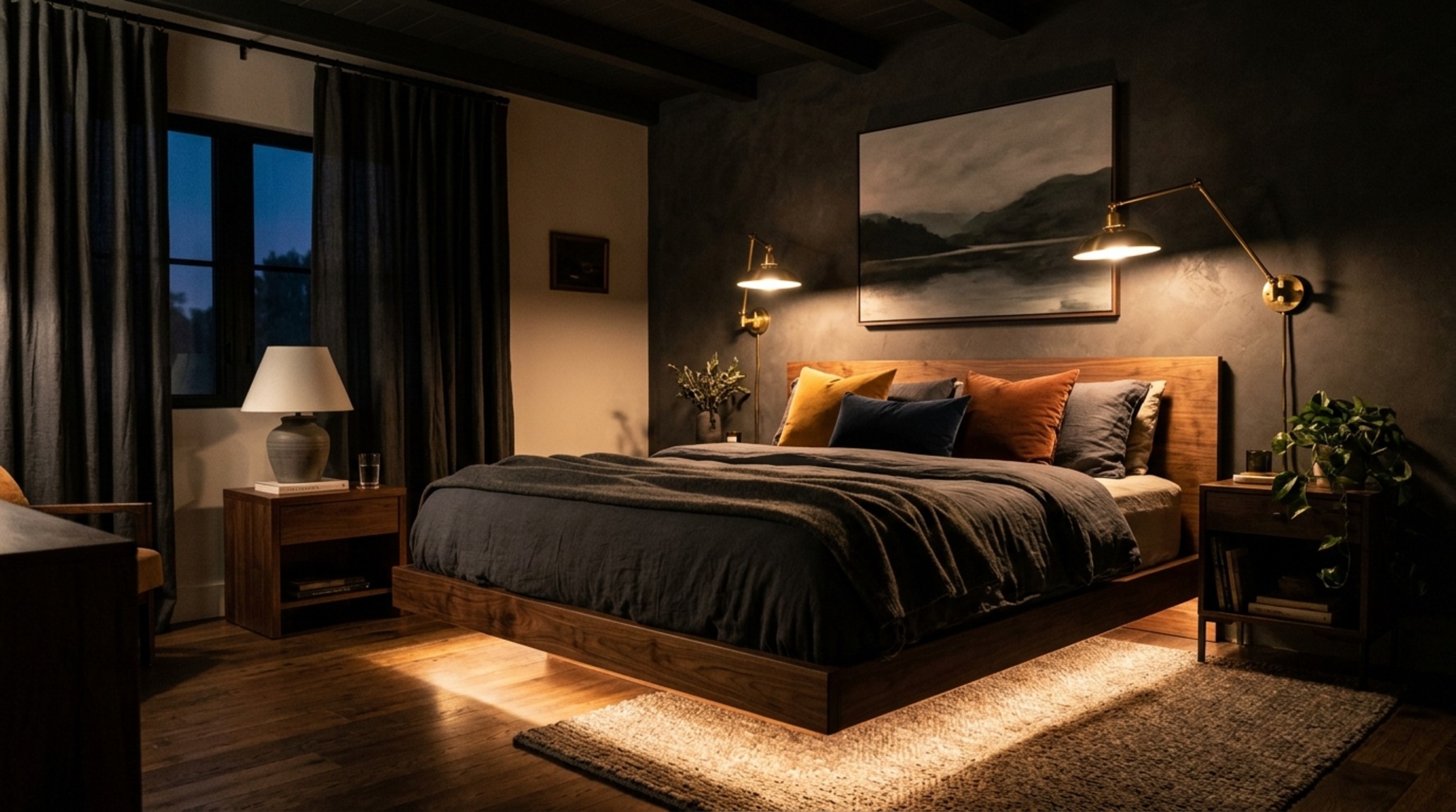 guys bedroom ideas lighting guide illustrating the use of adjustable brass wall sconces and perimeter cove lighting to create a warm, layered evening atmosphere.