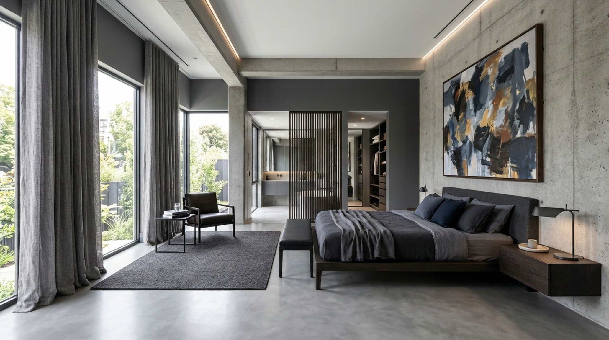 modern guys bedroom ideas ideas centered around a minimalist master suite with micro-cement floors, floor-to-ceiling linen drapes, and a large-scale abstract art piece.