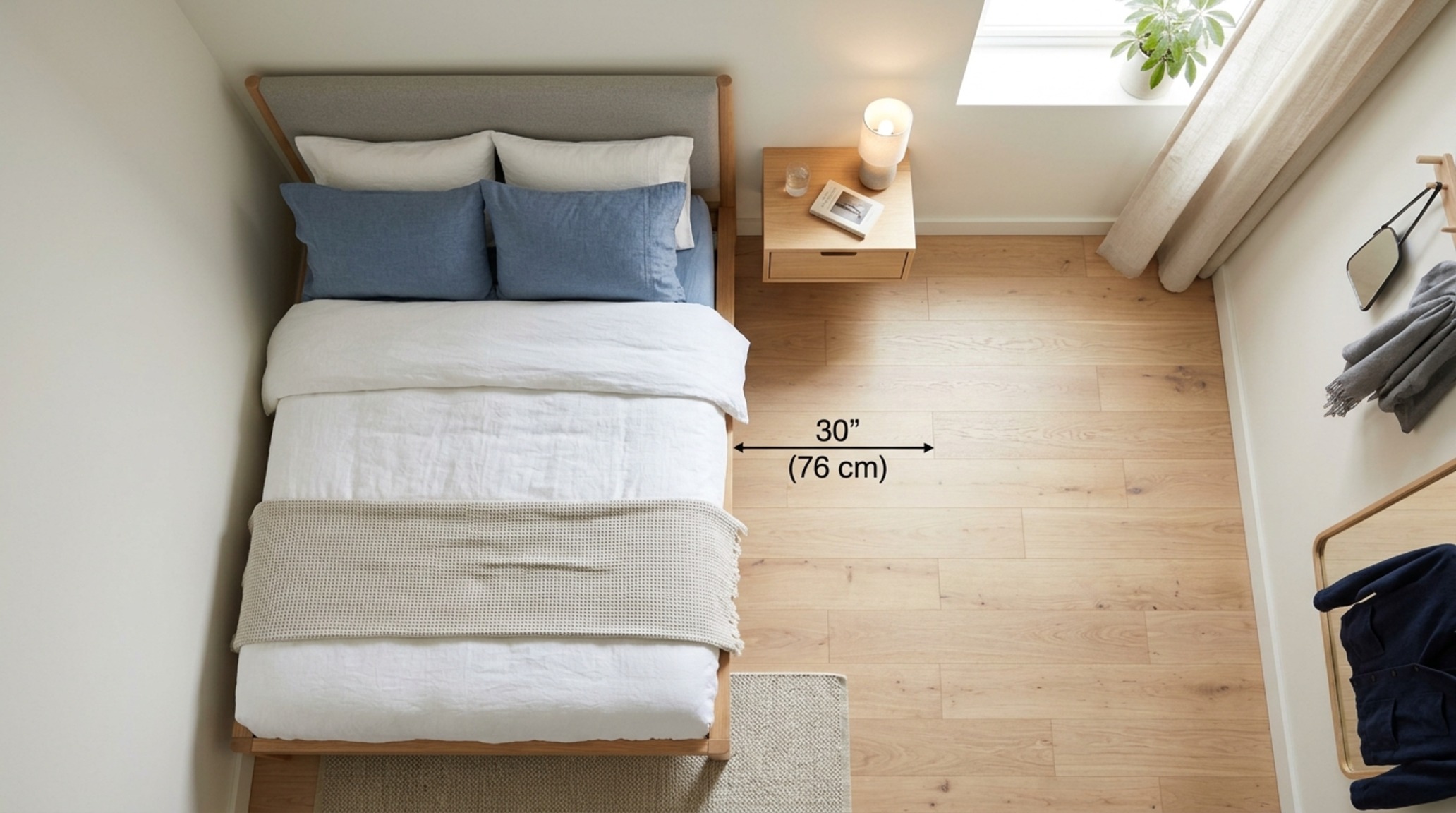 small space guys bedroom ideas demonstrating the use of a 30-inch clearance around a wall-mounted nightstand in a compact urban loft setting.
