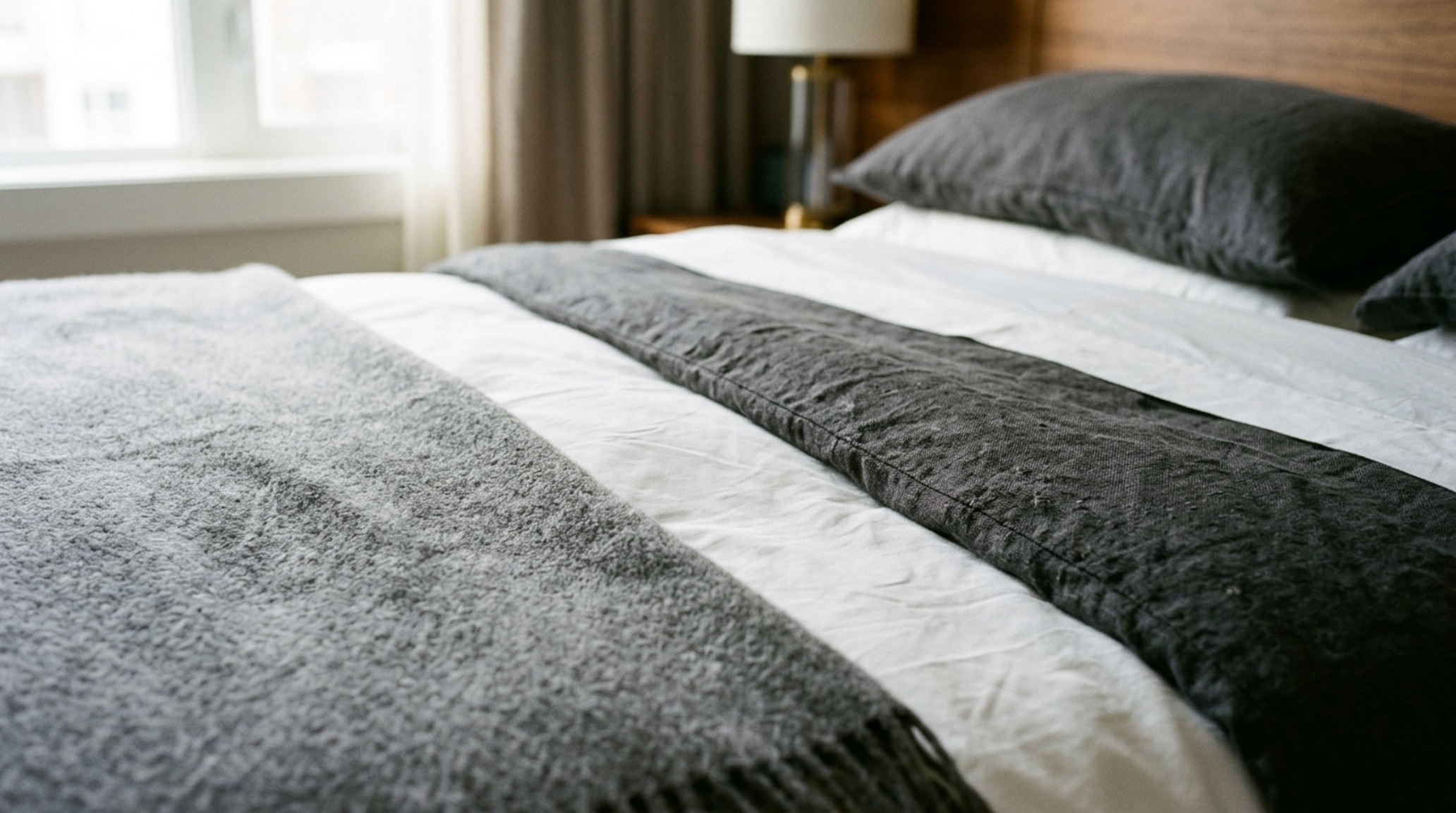 luxury guys bedroom ideas textures displaying a close-up of heavy-gauge cashmere throws layered over high-thread-count cotton linens on a custom upholstered bed.