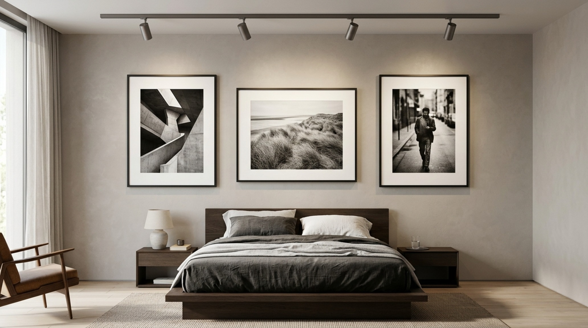 guys bedroom ideas lighting guide showcasing the effect of high CRI 90+ directional ceiling lights on a gallery wall of architectural photography.