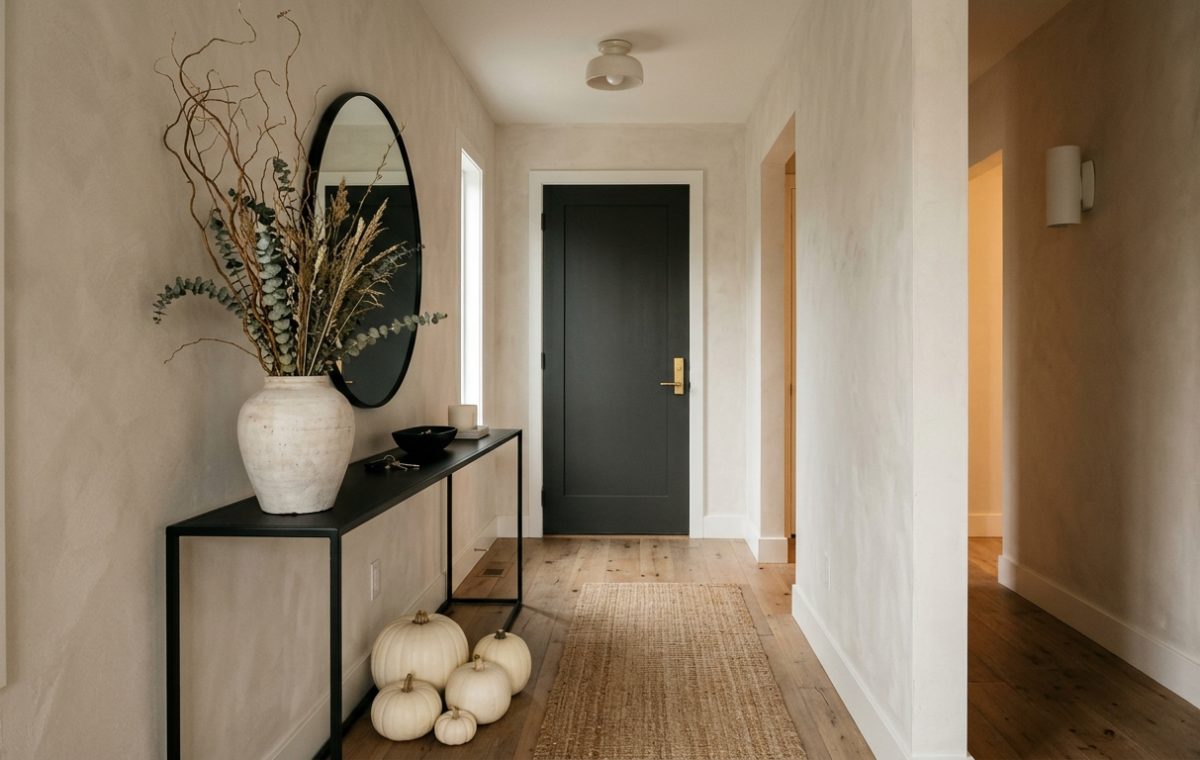 A sleek, narrow entryway featuring a minimalist black console table with tall architectural branches and white Casper pumpkins under soft 2700K lighting.