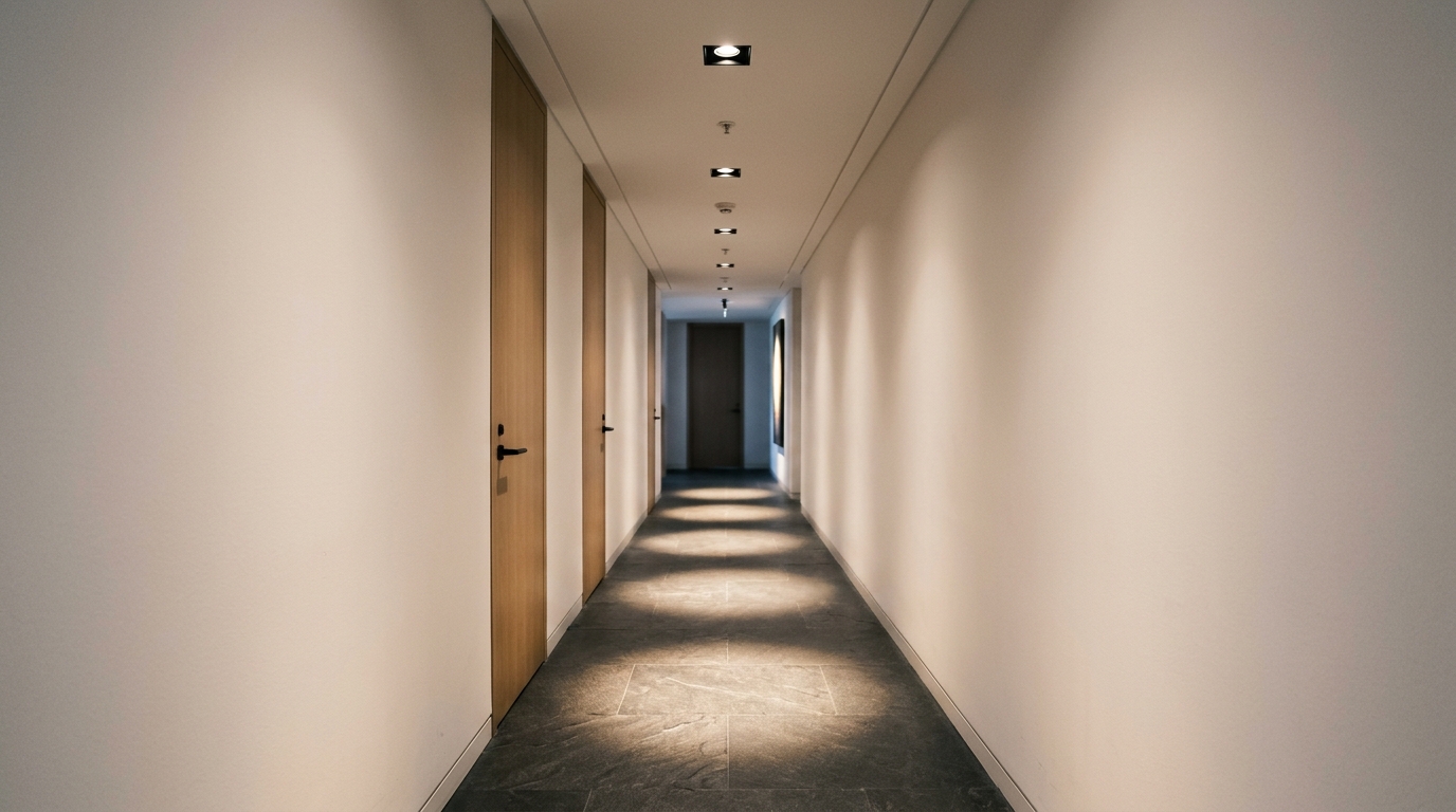 Warm 2700K lighting illuminating a narrow hallway with a series of recessed ceiling spotlights focusing on artisanal decor.