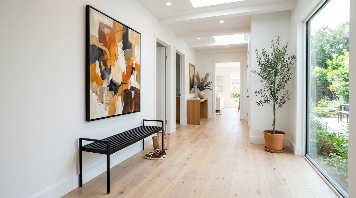 Modern narrow entryway ideas featuring a slim metal bench and a large-scale abstract painting with autumn tones.