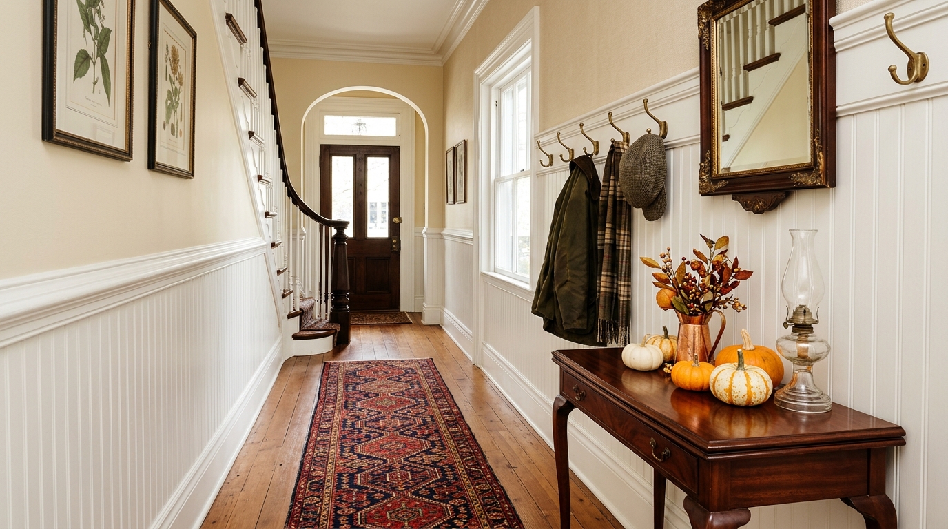 A transitional foyer with traditional crown molding and a narrow oriental rug, styled with heirloom pumpkins and brass accents.