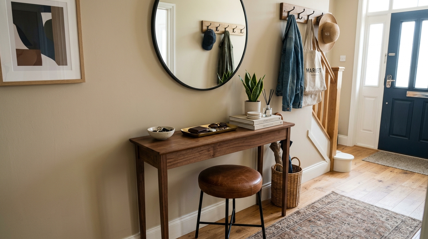Functional narrow entryway layout with a concealed closet and a small leather stool tucked under a console table.