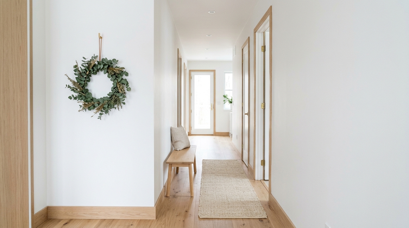Scandinavian-inspired narrow entryway with light pine wood, white walls, and a single eucalyptus wreath on the door.
