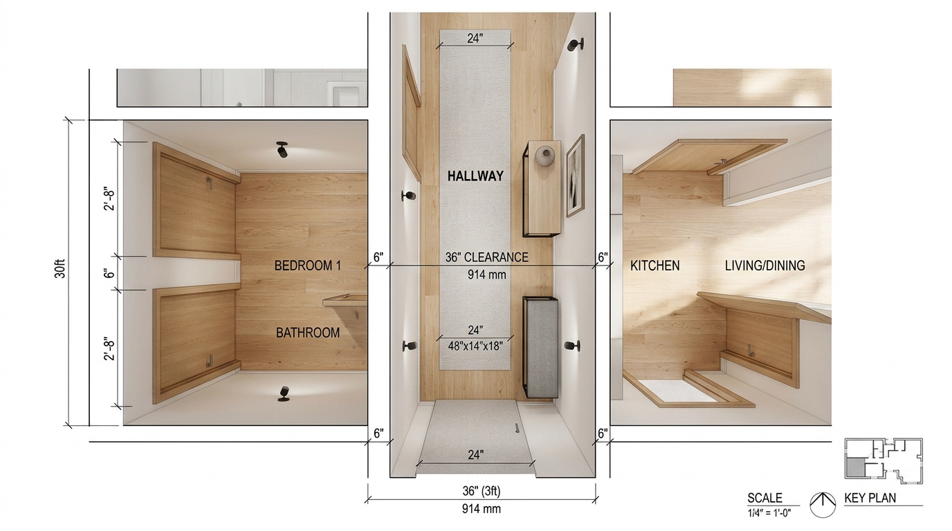 Architectural floor plan perspective of a narrow hallway showing 36-inch walkway clearances and strategic placement of slim furniture.