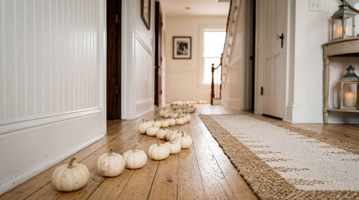 A playful yet sophisticated Halloween entry with a trail of small white pumpkins leading the eye down a narrow corridor.