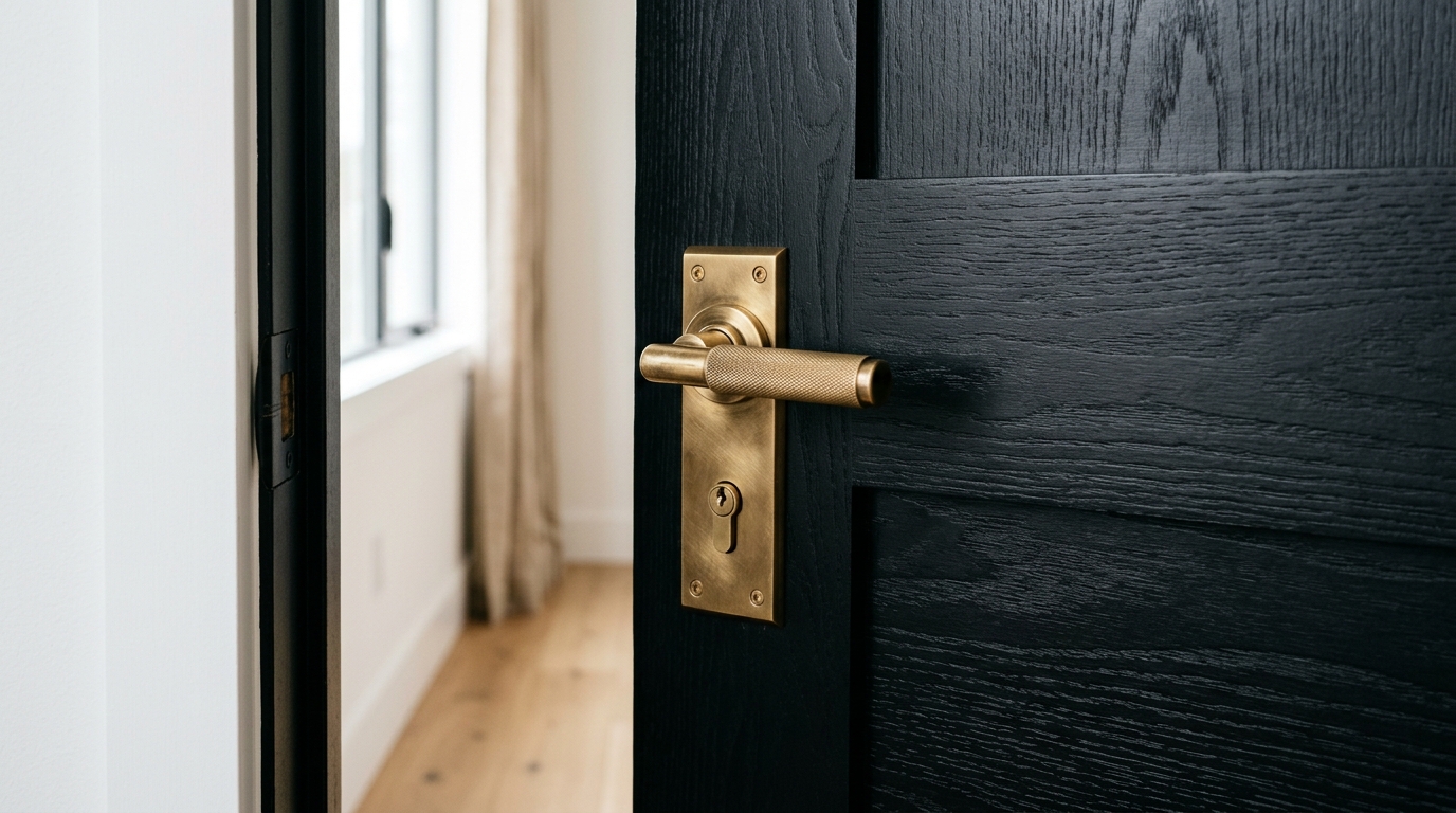 Close-up of a high-quality brass door handle against a matte black door in a refined narrow entryway.