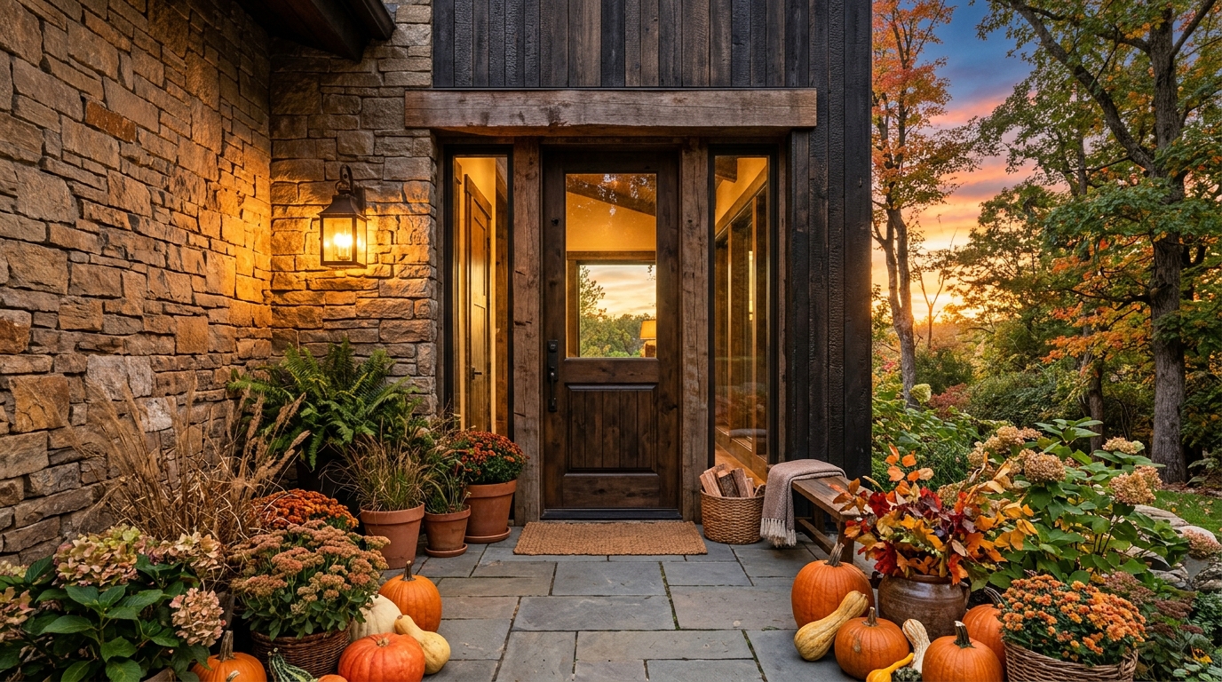 Final architectural perspective of a perfectly balanced narrow entryway, mixing seasonal textures with permanent structural elegance.