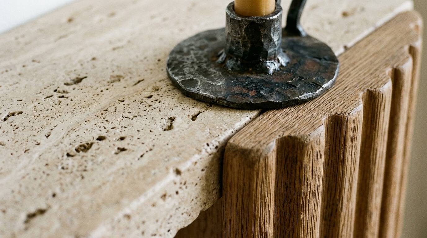 Close-up of tactile materials in a foyer including honed travertine stone, fluted white oak, and a matte black ceramic vase.