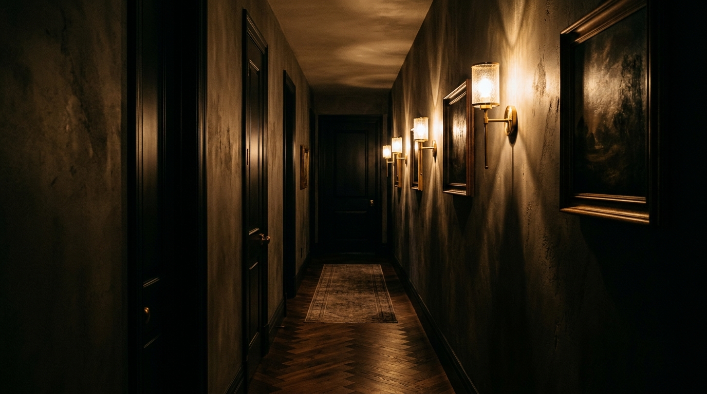 Atmospheric lighting in a narrow hallway using wall-grazing sconces and high CRI 90+ bulbs to create dramatic shadows.